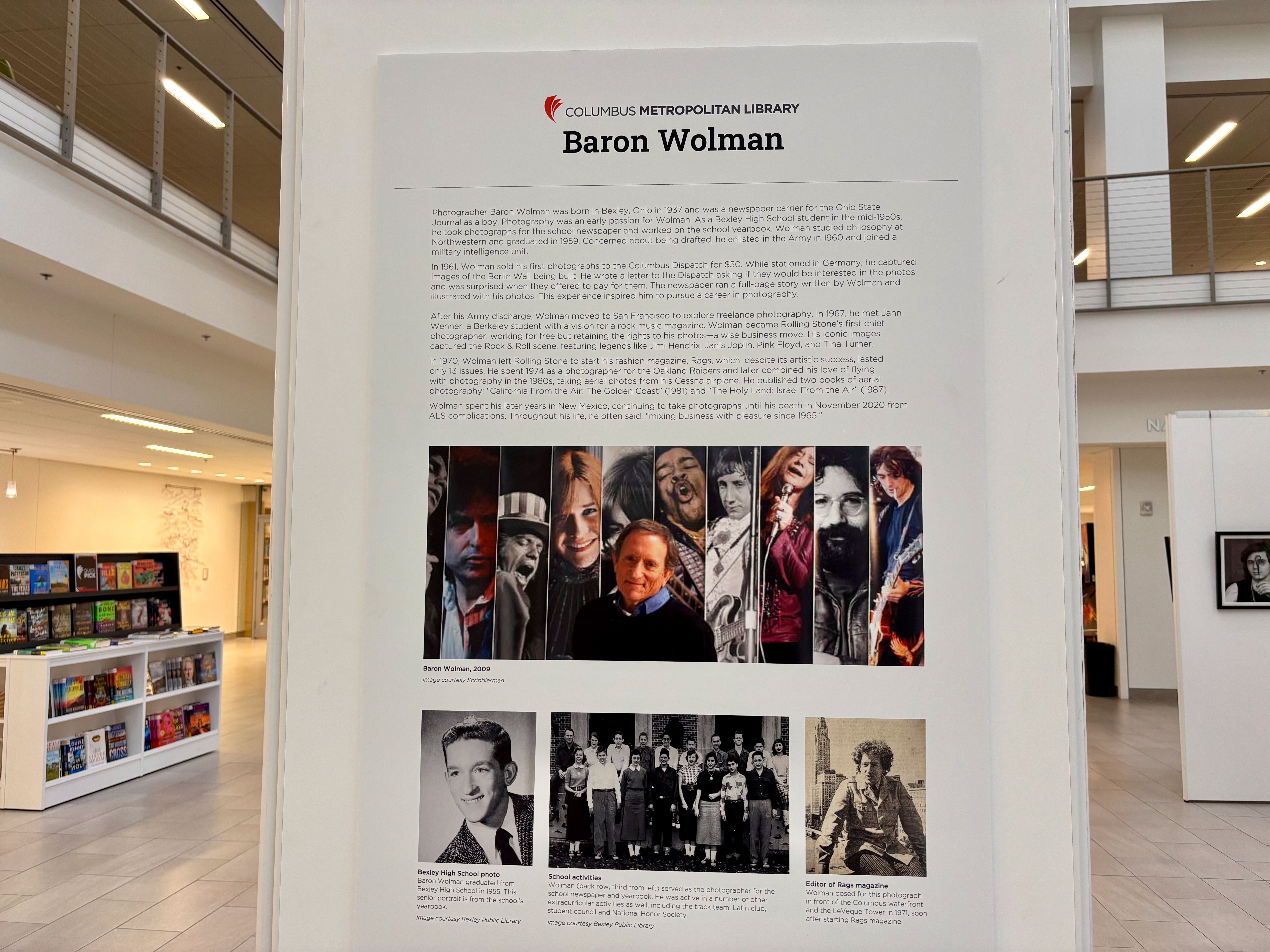 Photos and a summary of the career of Baron Wolman, Rolling Stone's first chief photographer, on display at the library