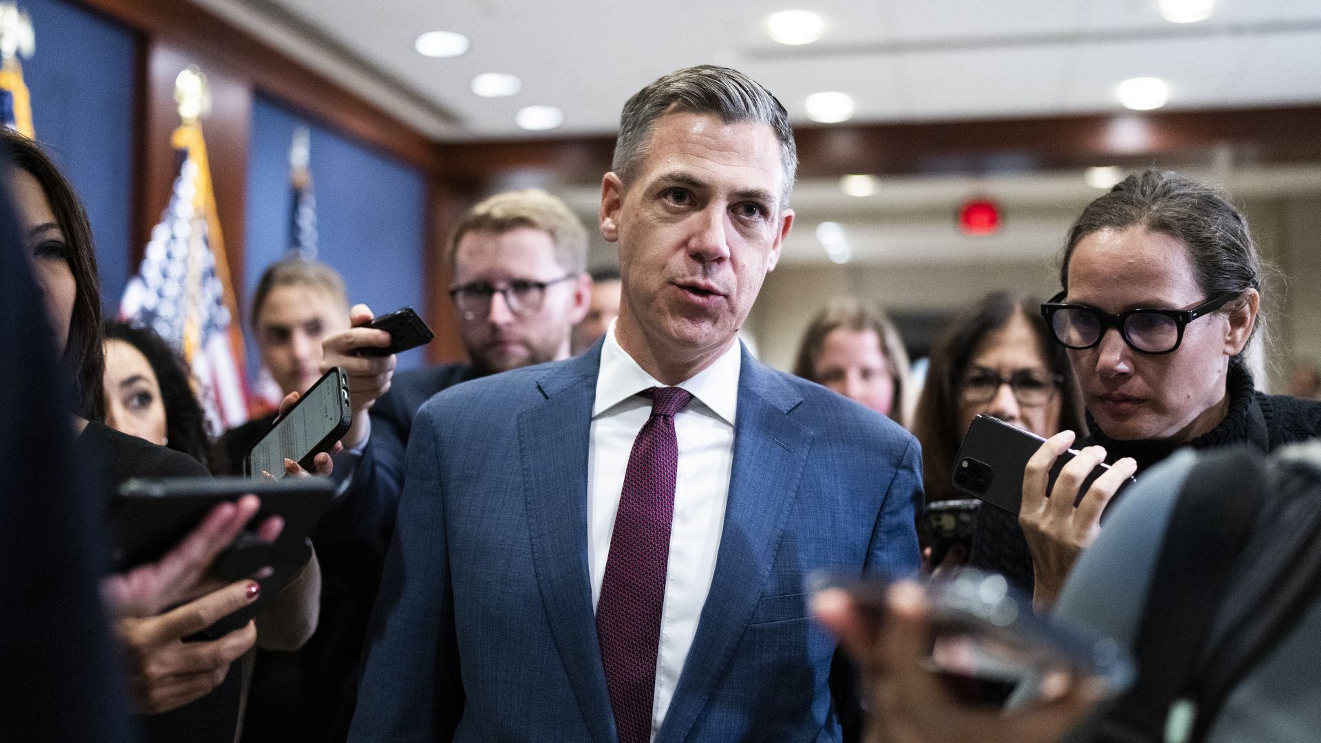 Jim Banks arrives for the House Republicans leadership elections in the Capitol Visitor Center on Tuesday, November 15.