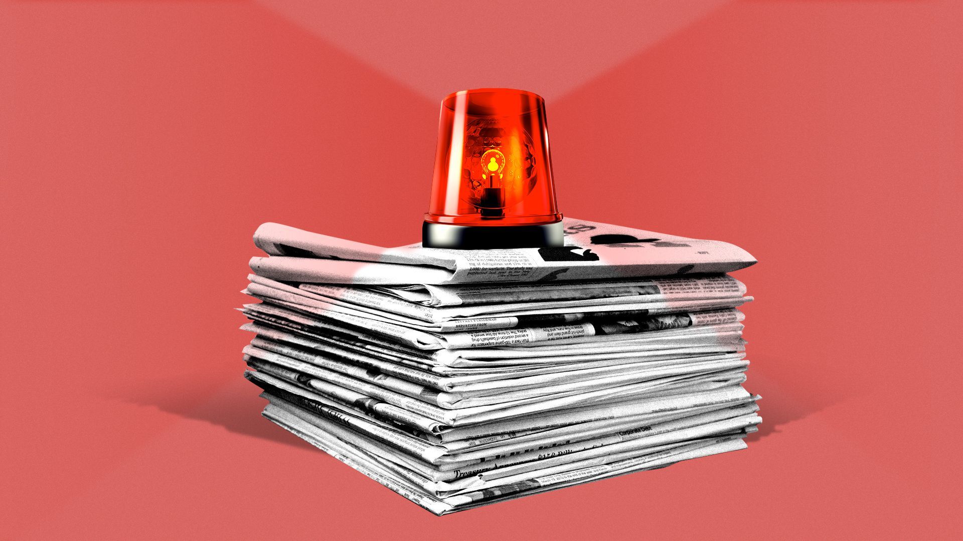 Illustration of a stack of newspapers with a siren on top. 