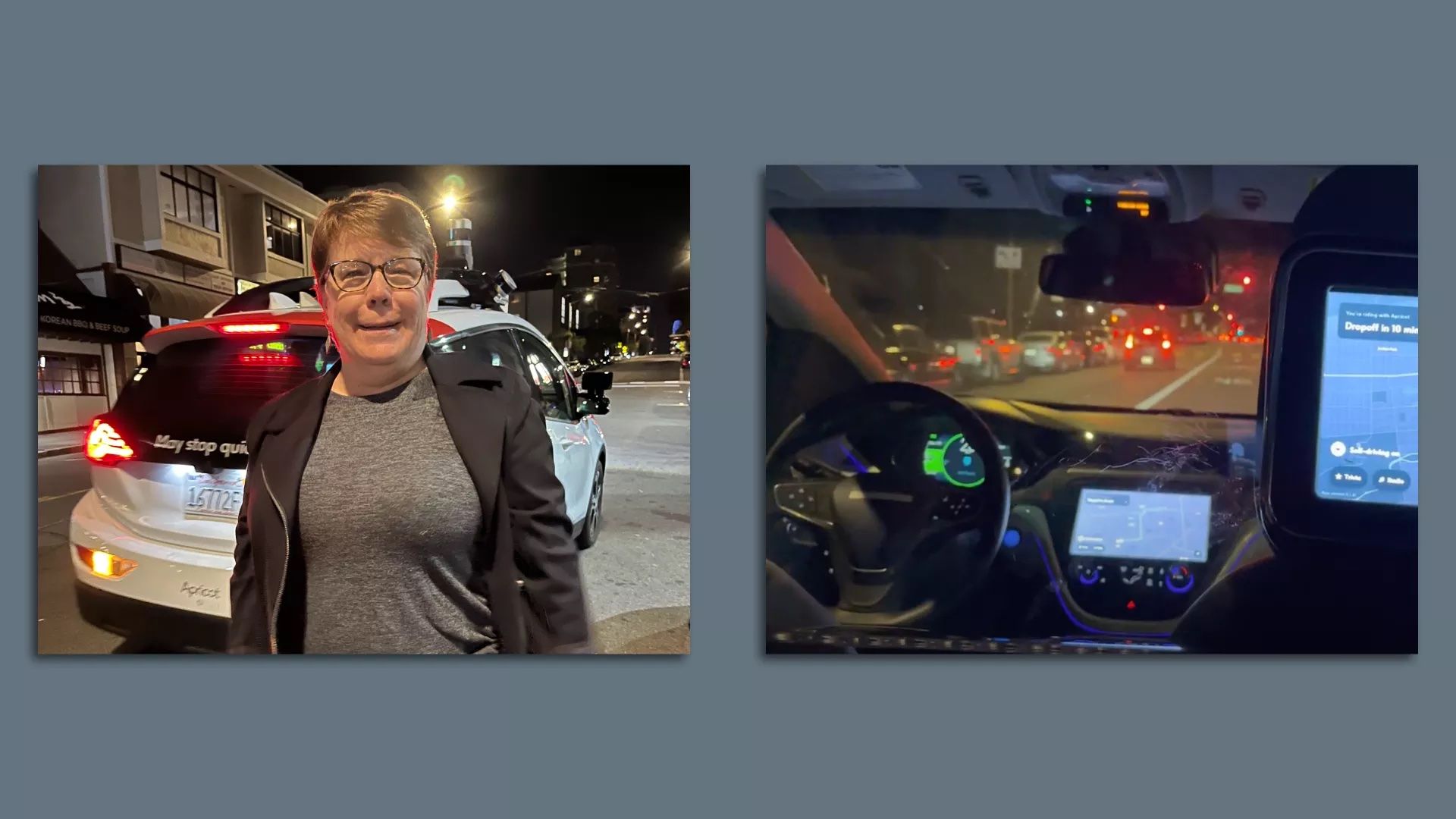 At left, reporter Joann Muller; at right, the view out the windshield of the robotaxi she rode in.