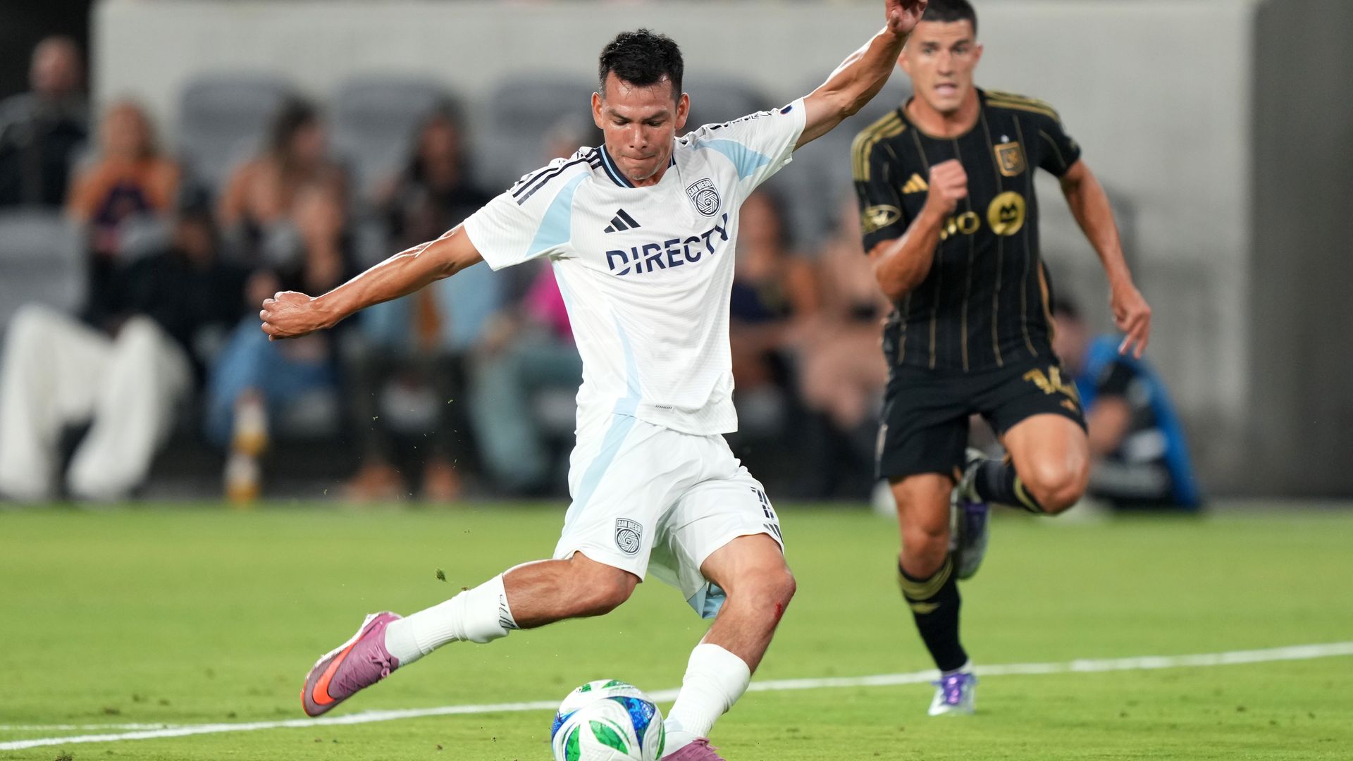 LOS ANGELES, CALIFORNIA - AUGUST 31: Chucky Lozano #11 of San Diego FC shoots during the MLS match between Los Angeles Football Club and San Diego FC at BMO Stadium on August 31, 2025 in Los Angeles, California. (Photo by San Diego FC/MLS via Getty Images)
