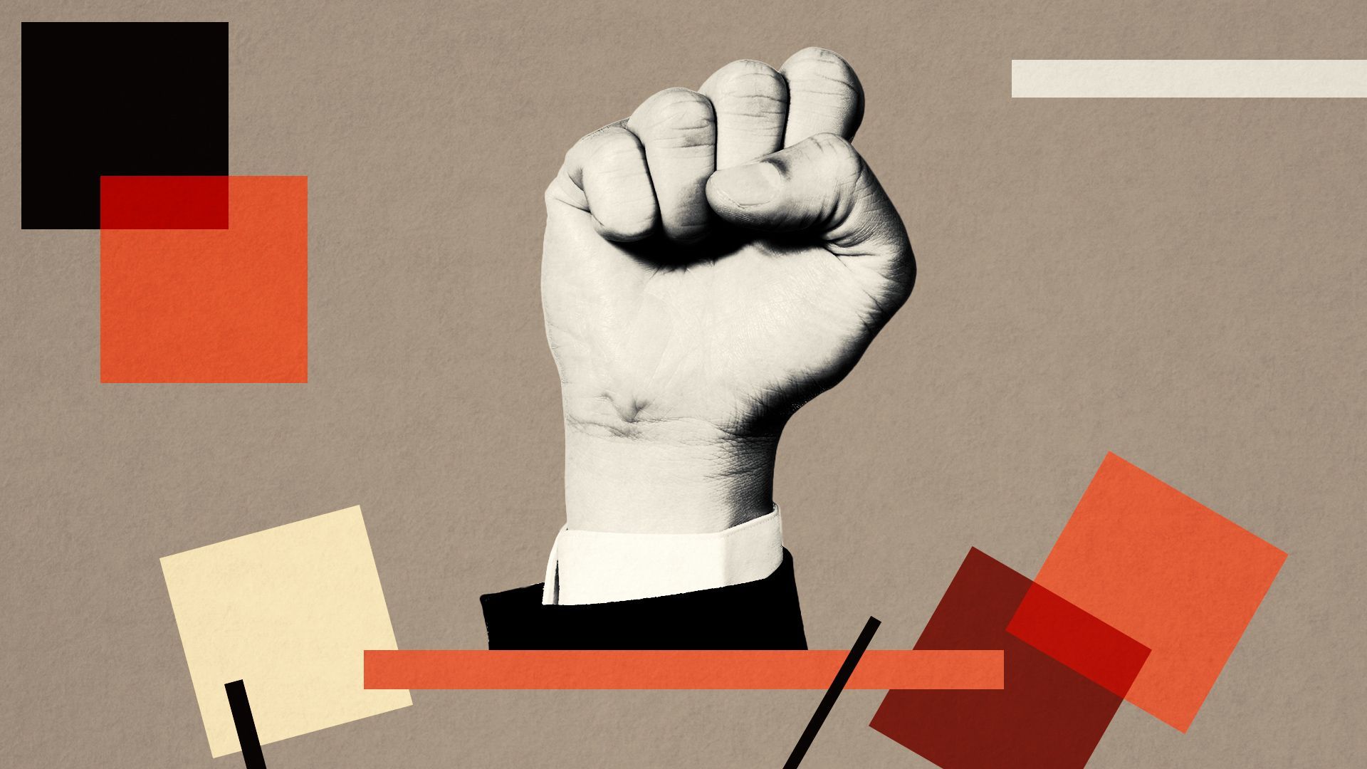 Illustration of a raised fist surrounded by abstract shapes.