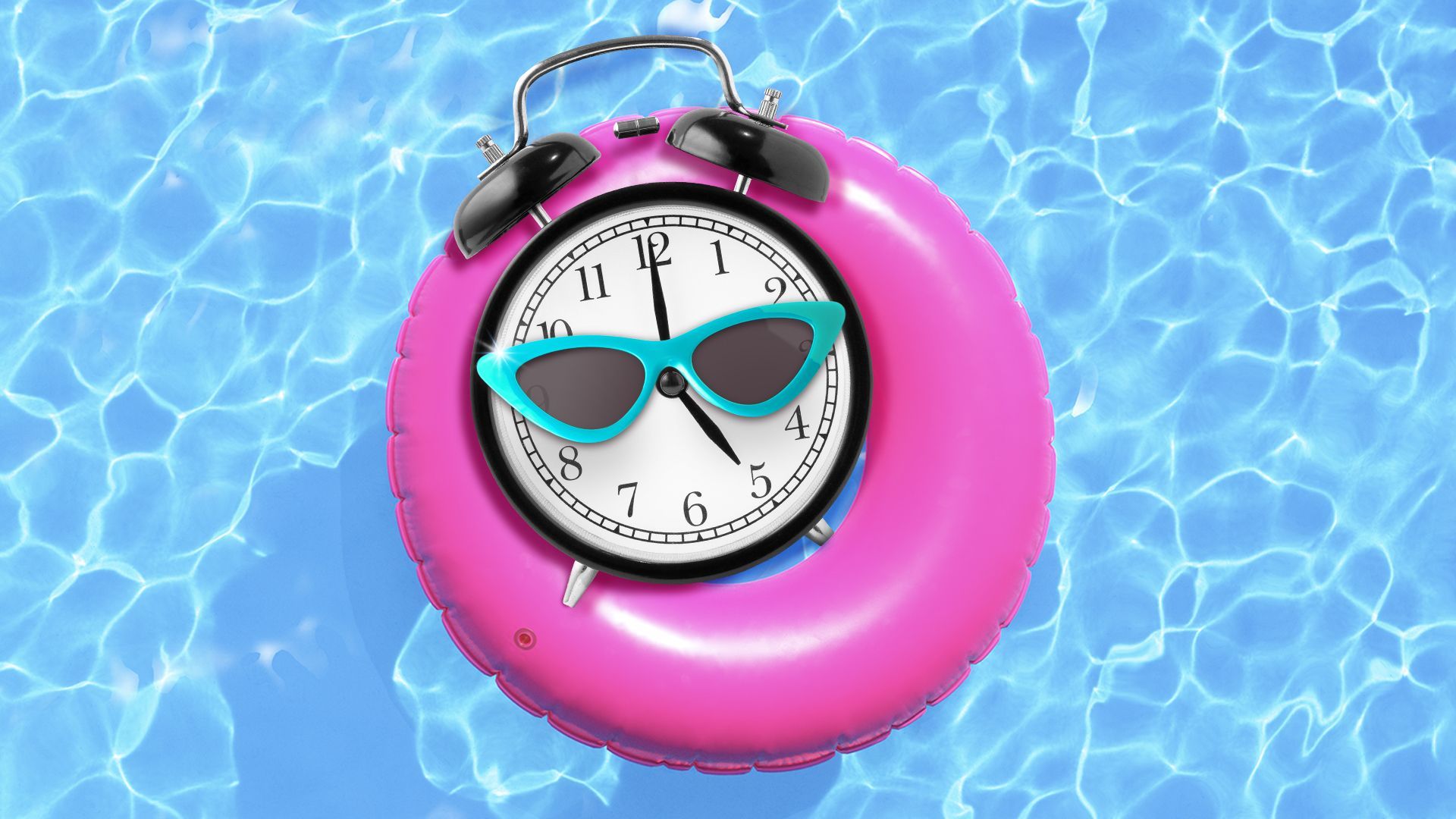 Photo illustration of an alarm clock with sunglasses floating in a pool on an inflated tube