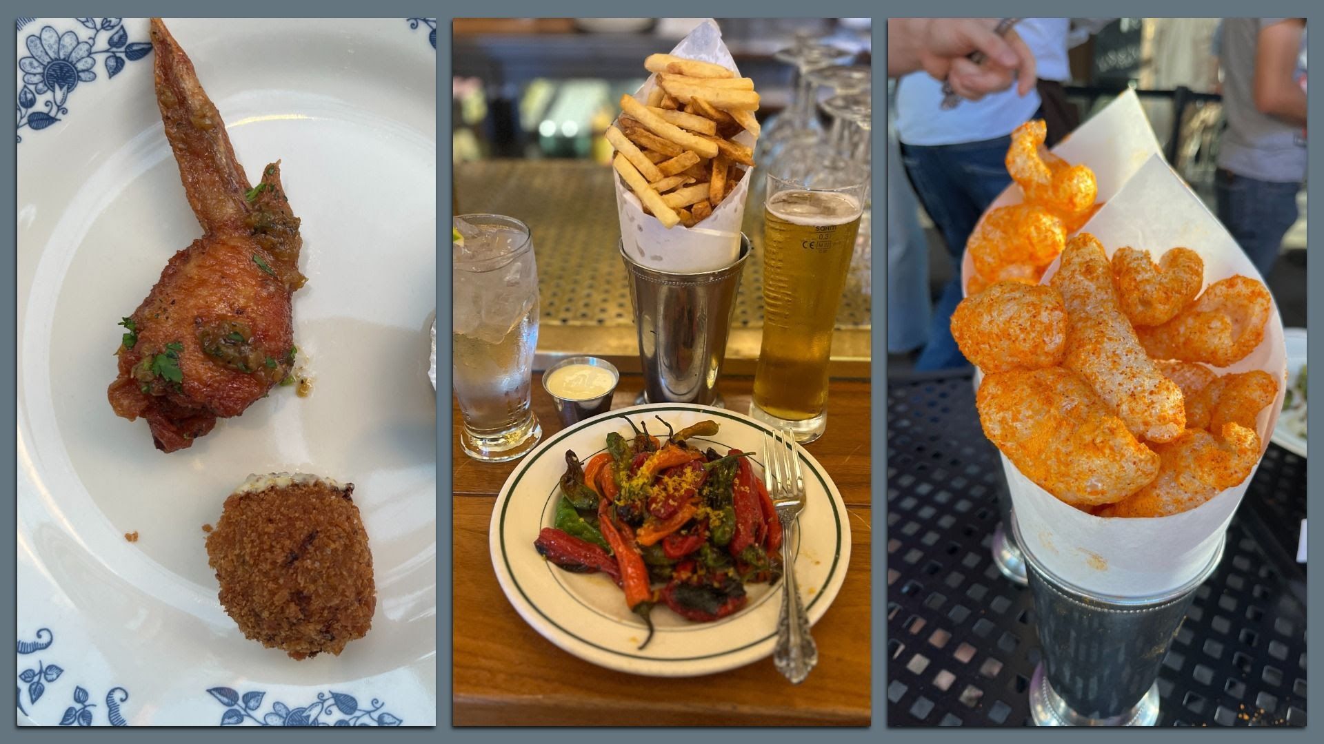 Three-panel food scene: left shows a bone-in roasted meat with a croquette on a plate; middle features a pepper medley with fries in a cone and at-table drinks; right a cone of orange puffed snacks.