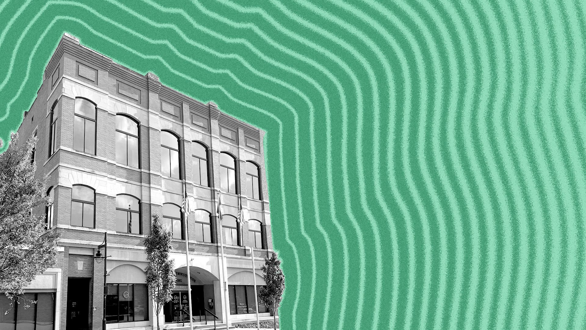 Photo illustration of Fayetteville City Hall with lines radiating from it.