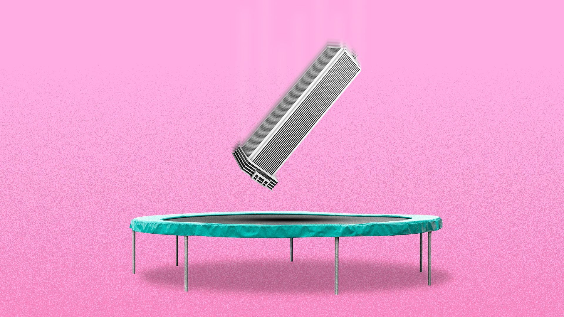 An illustration of a building on a trampoline.