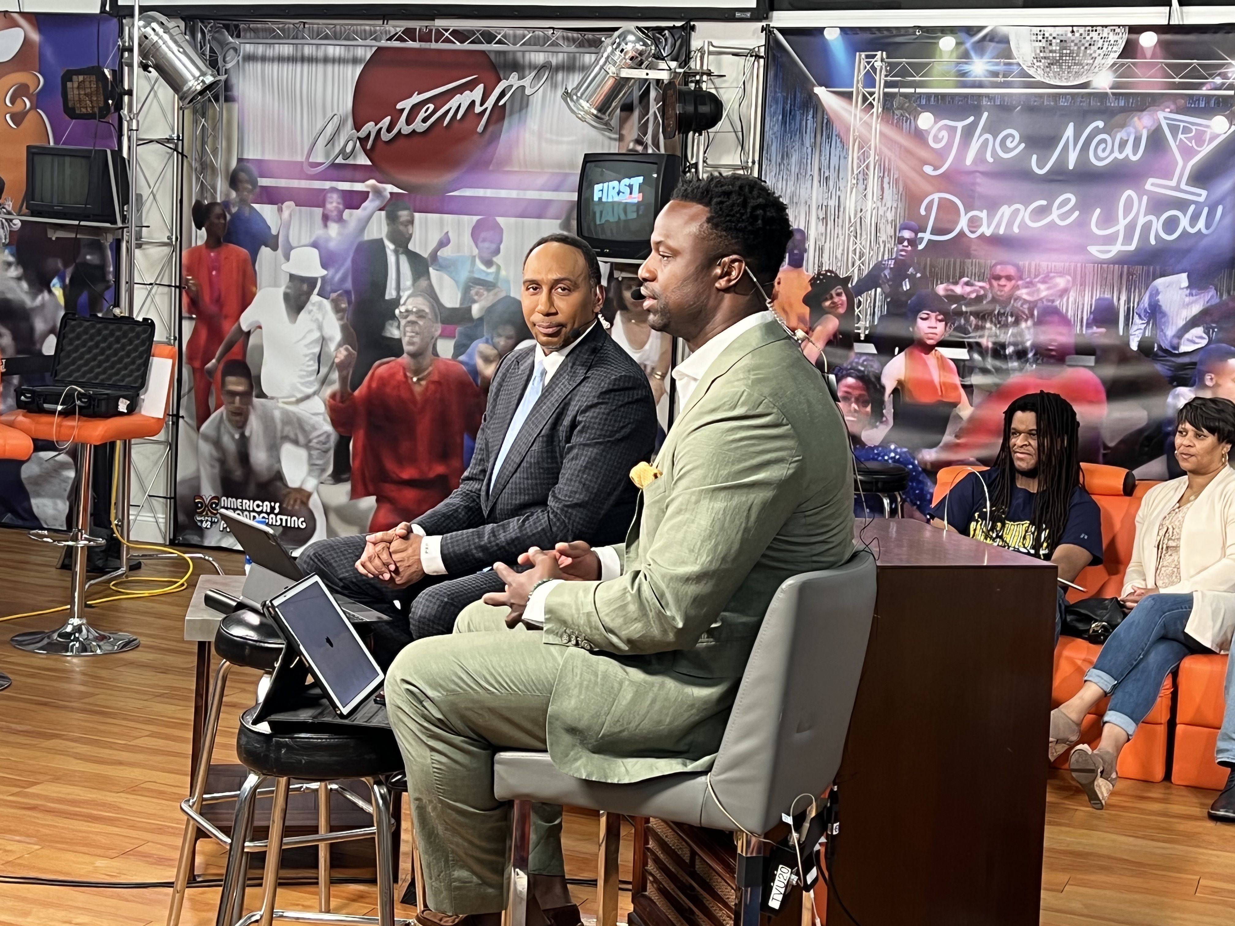 Stephen A. Smith and Detroit native Bart Scott on the set of ESPN's First Take.