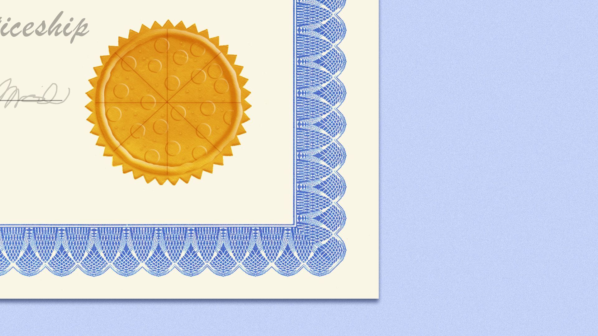 Illustration of a certificate with a pizza-shaped stamp on it