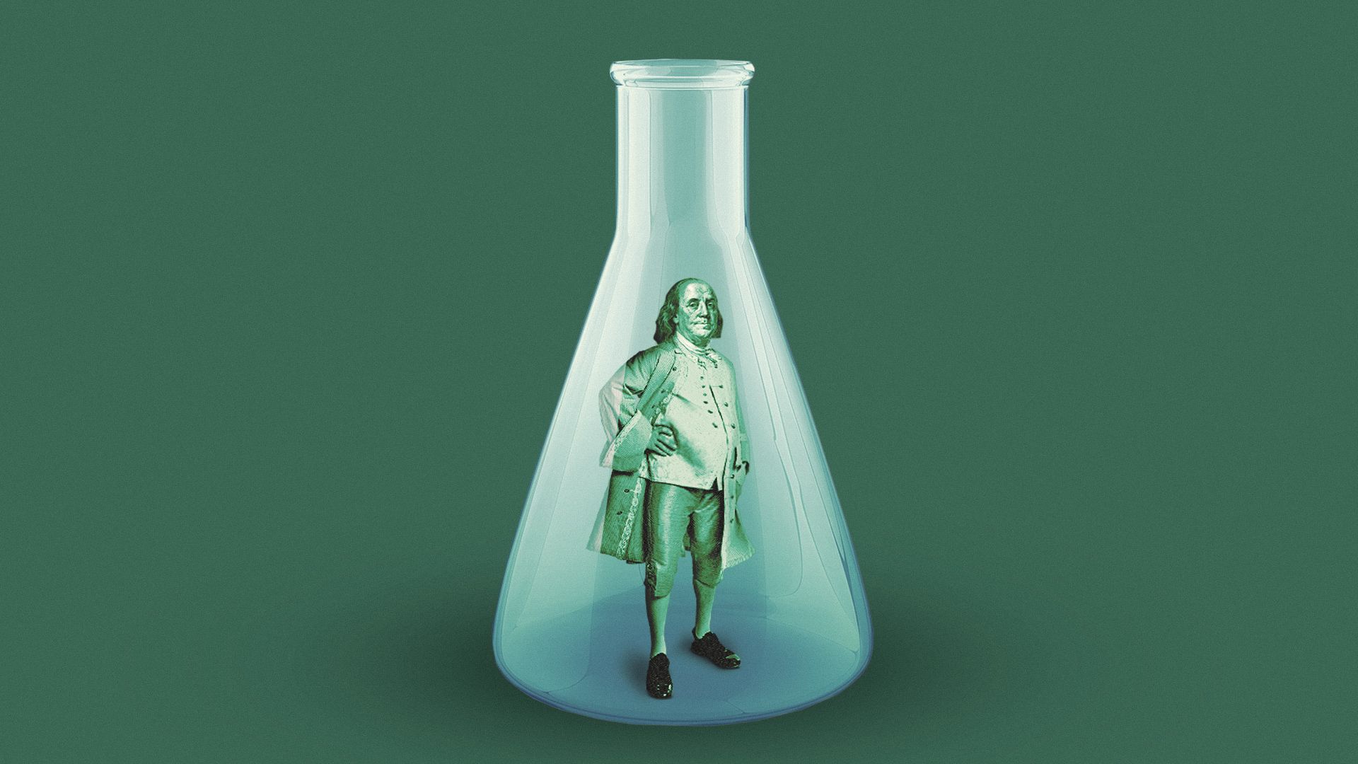 Illustration of Benjamin Franklin standing inside of a lone beaker.