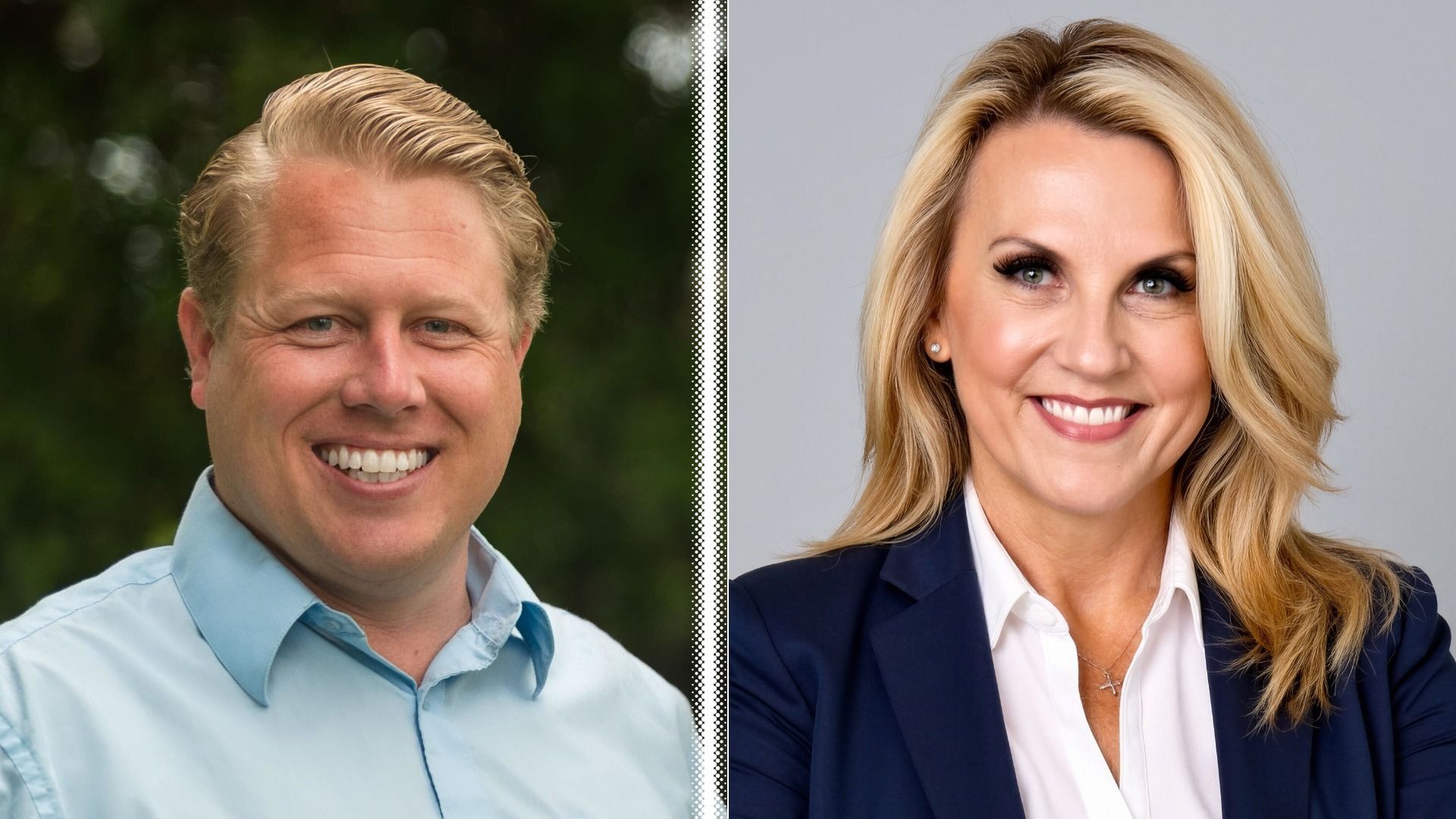 Split-screen portrait: left shows a smiling man with blond hair in a light blue shirt outdoors; right shows a smiling blonde woman in a navy blazer and white blouse against a gray background.