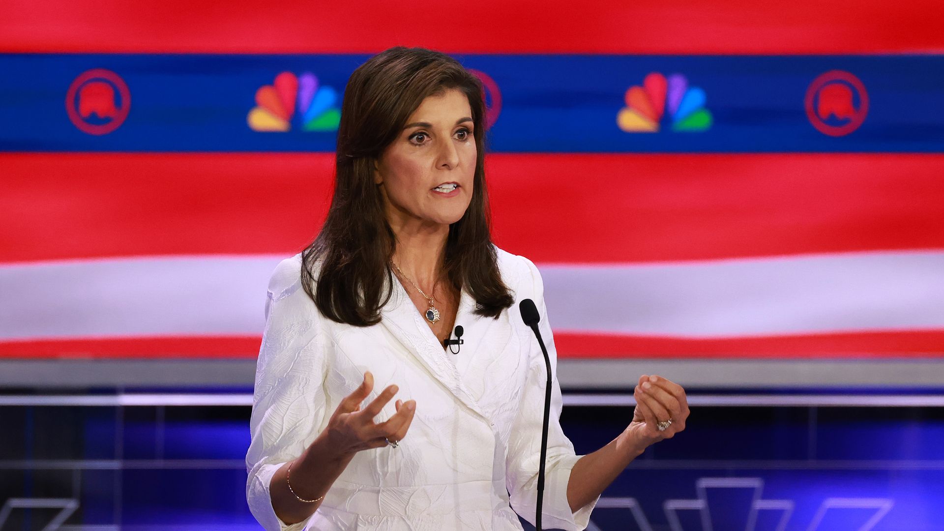 Republican presidential candidate former U.N. Ambassador Nikki Haley speaks during the NBC News Republican Presidential Primary Debate at the Adrienne Arsht Center for the Performing Arts of Miami-Dade County on November 8, 2023 in Miami, Florida.