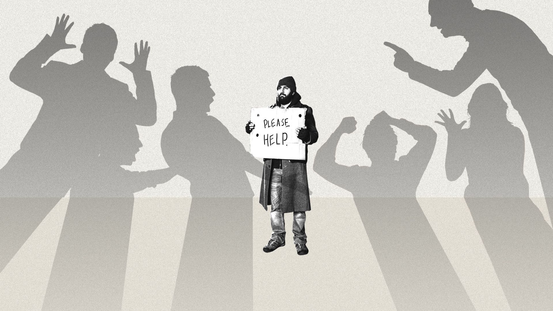 An illustration of shadows pointing fingers and struggling to deal with a homeless person