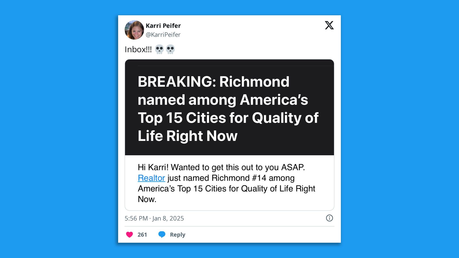 Screen shot of a tweet that says Richmond was named a best city for quality of life 