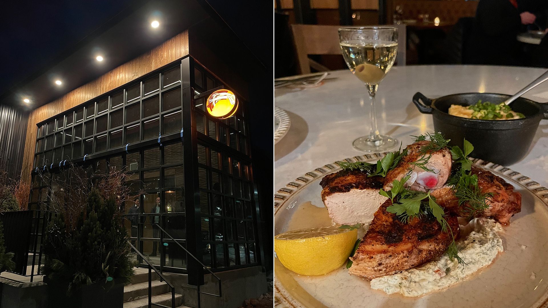 A photo of a black building and a photo of a plate of chicken.