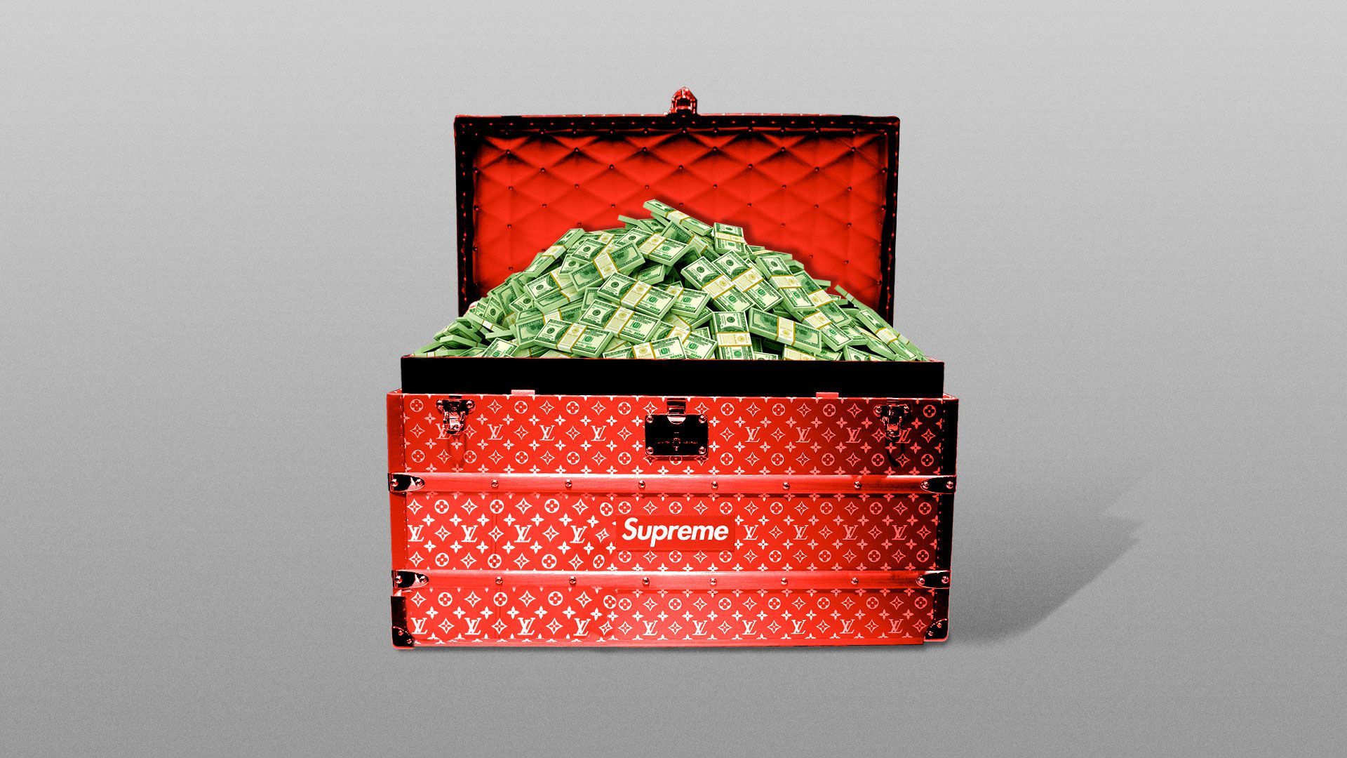 Illustration of a Supreme travel case filled with a pile of money