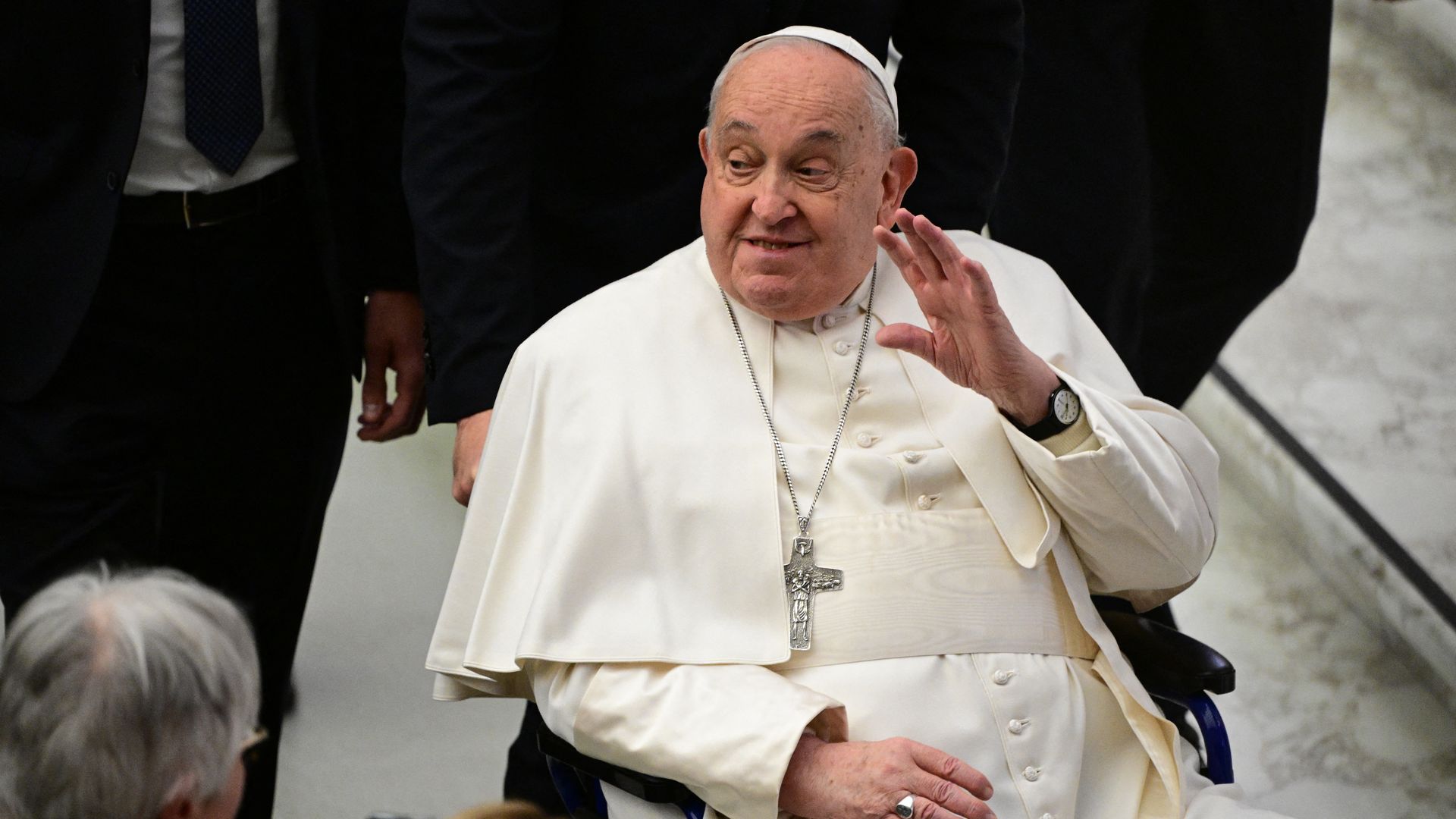 Pope Francis greets people at the end of an audience to the participants of the Pilgrimage Episcopal Conference of Scandinavia, on February 3, 2025 at Paul-VI hall in The Vatican. 