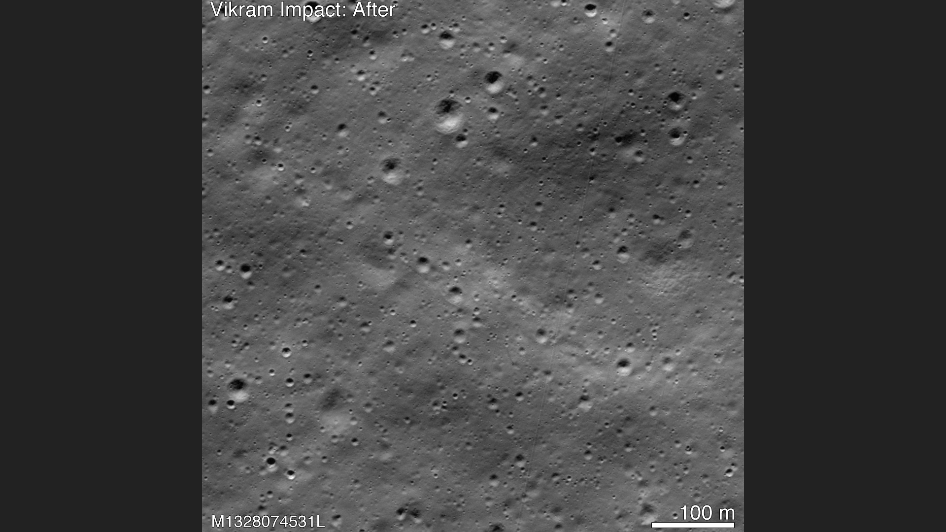 A before/after showing the Vikram lander's crash site on the Moon