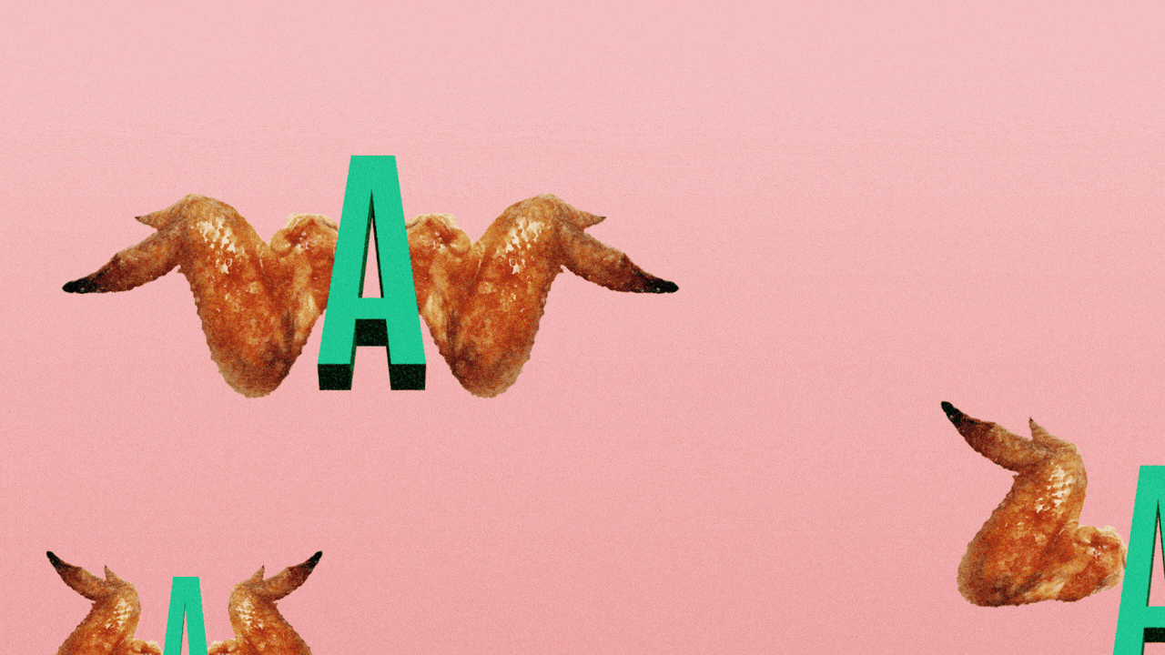 Animated illustration of several As with cooked chicken wings for wings, flapping them and flying up the screen.