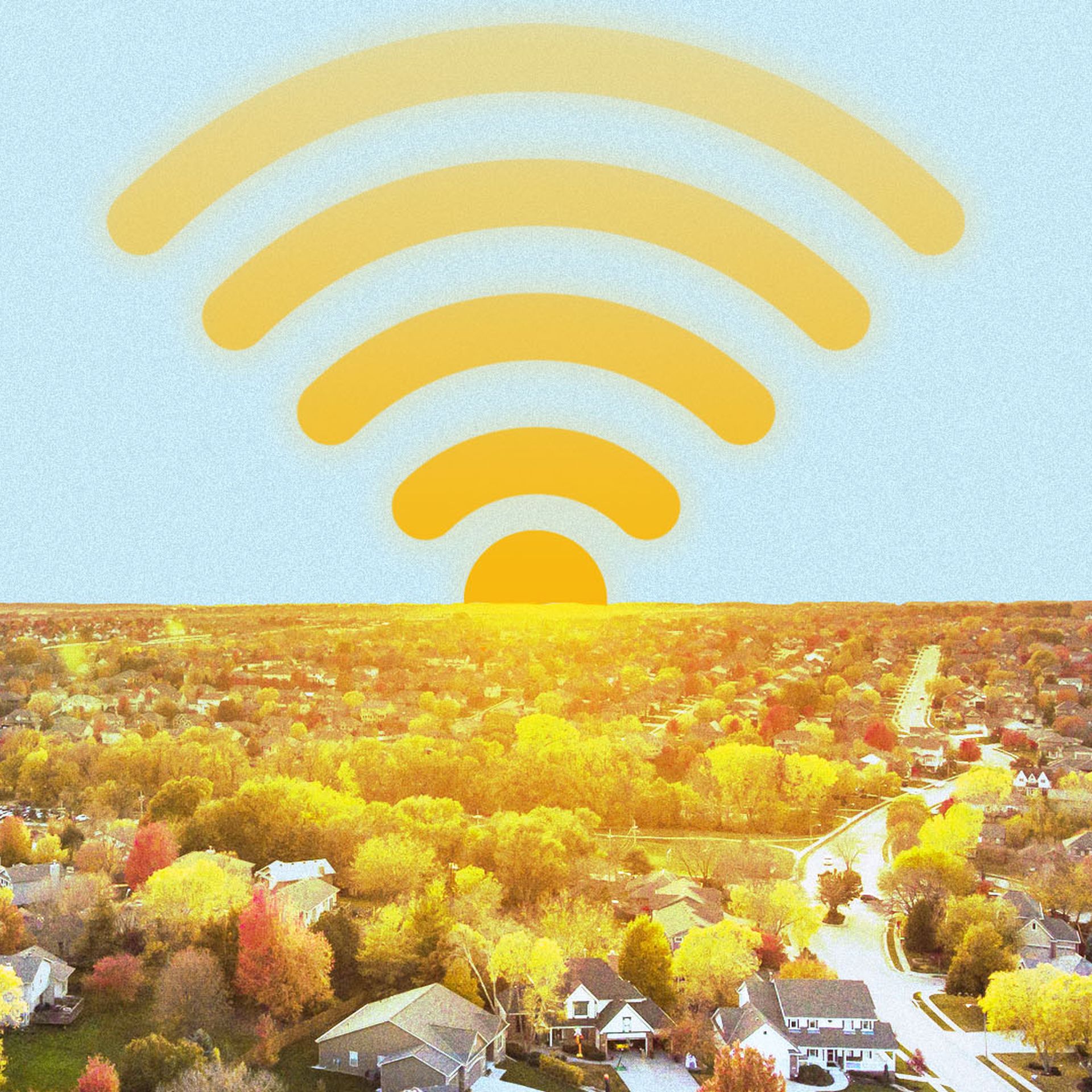 A wireless signal symbol shining over a suburban landscape
