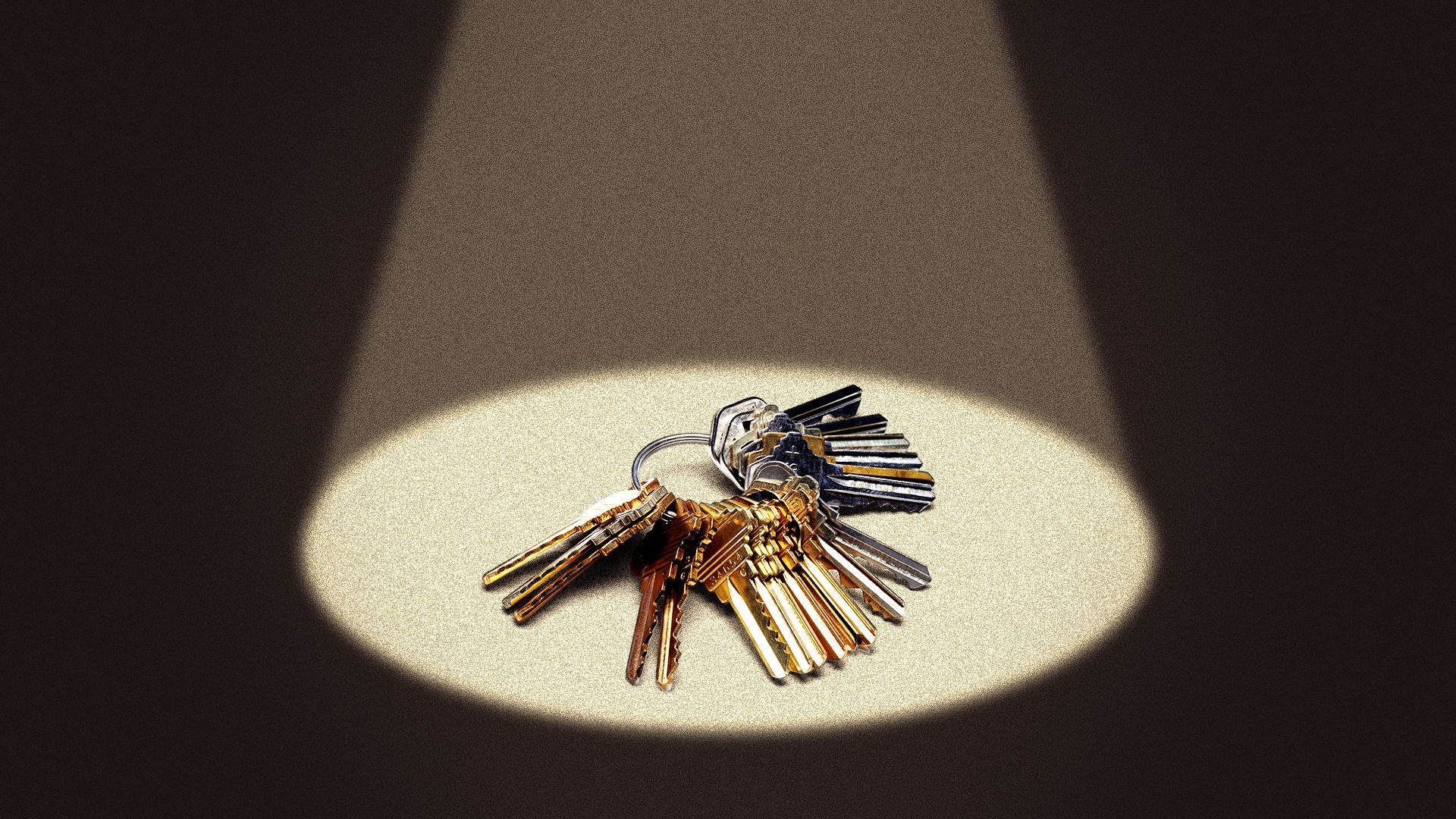 an illustration of a keyring filled with many keys under a warm spotlight