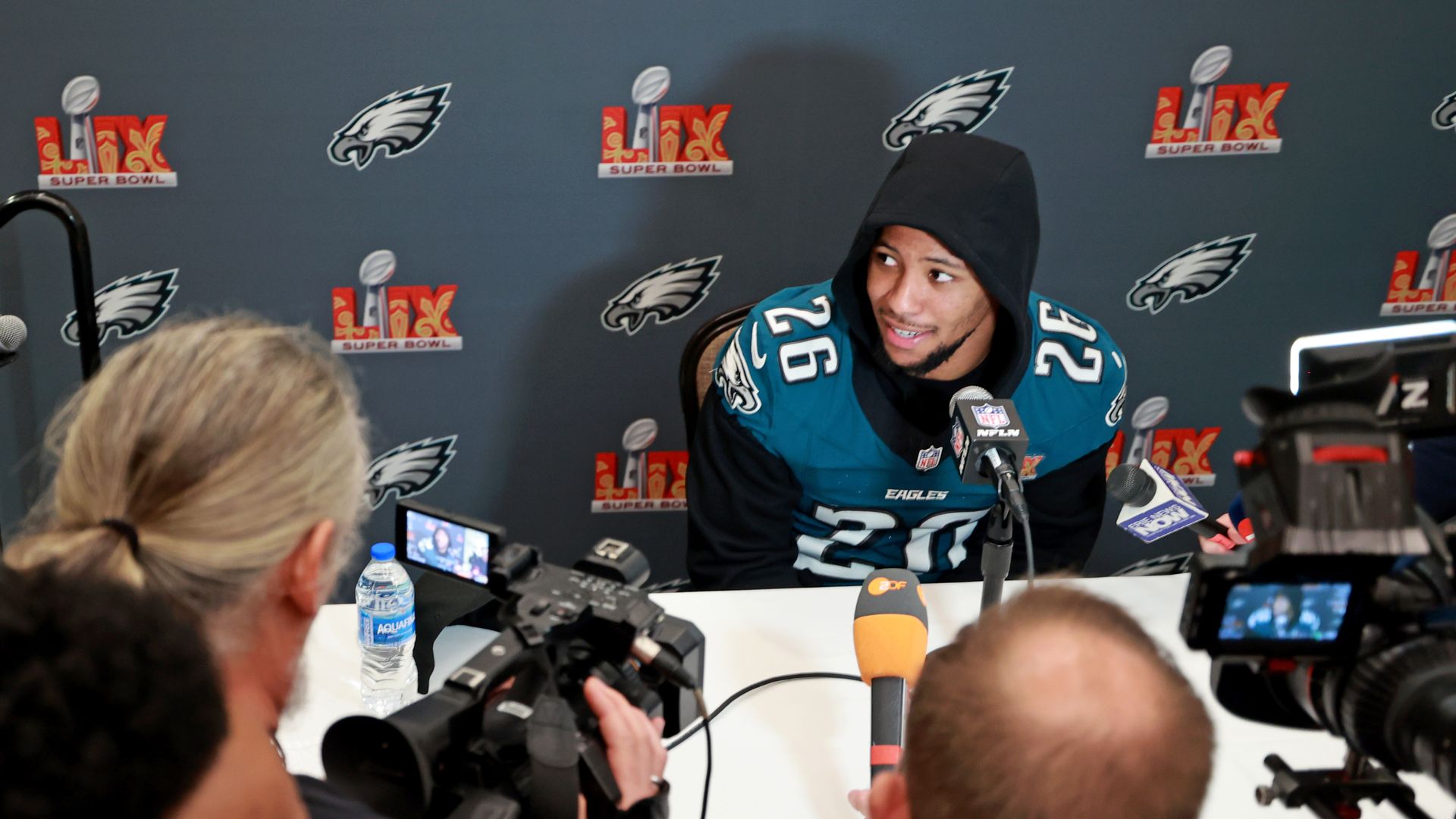 Eagle Running back Saquon Barkley answers questions during Super Bowl media availability.