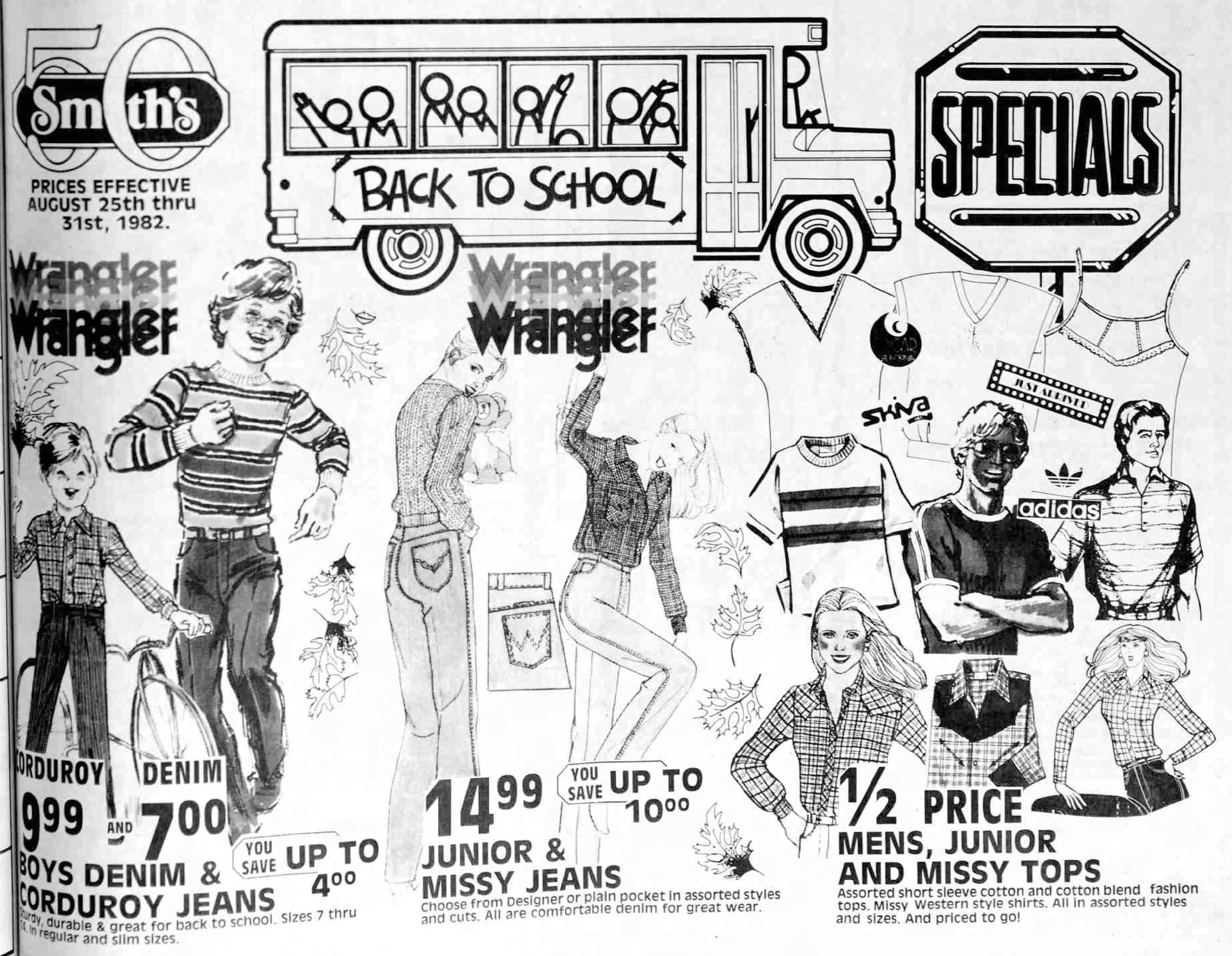 A 1982 ad for back-to-school clothing features jeans & tops.