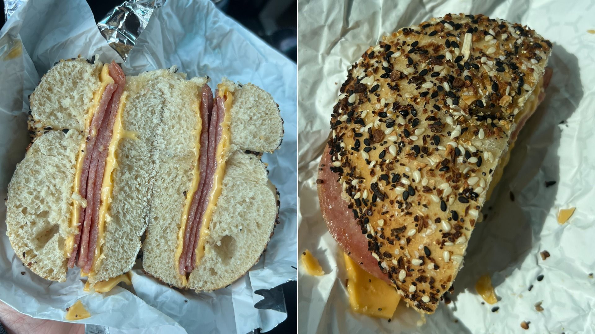Two sandwiches in foil: left is ham and cheddar on white bread, sliced; right is ham on a seeded bun with sesame and mixed seeds.