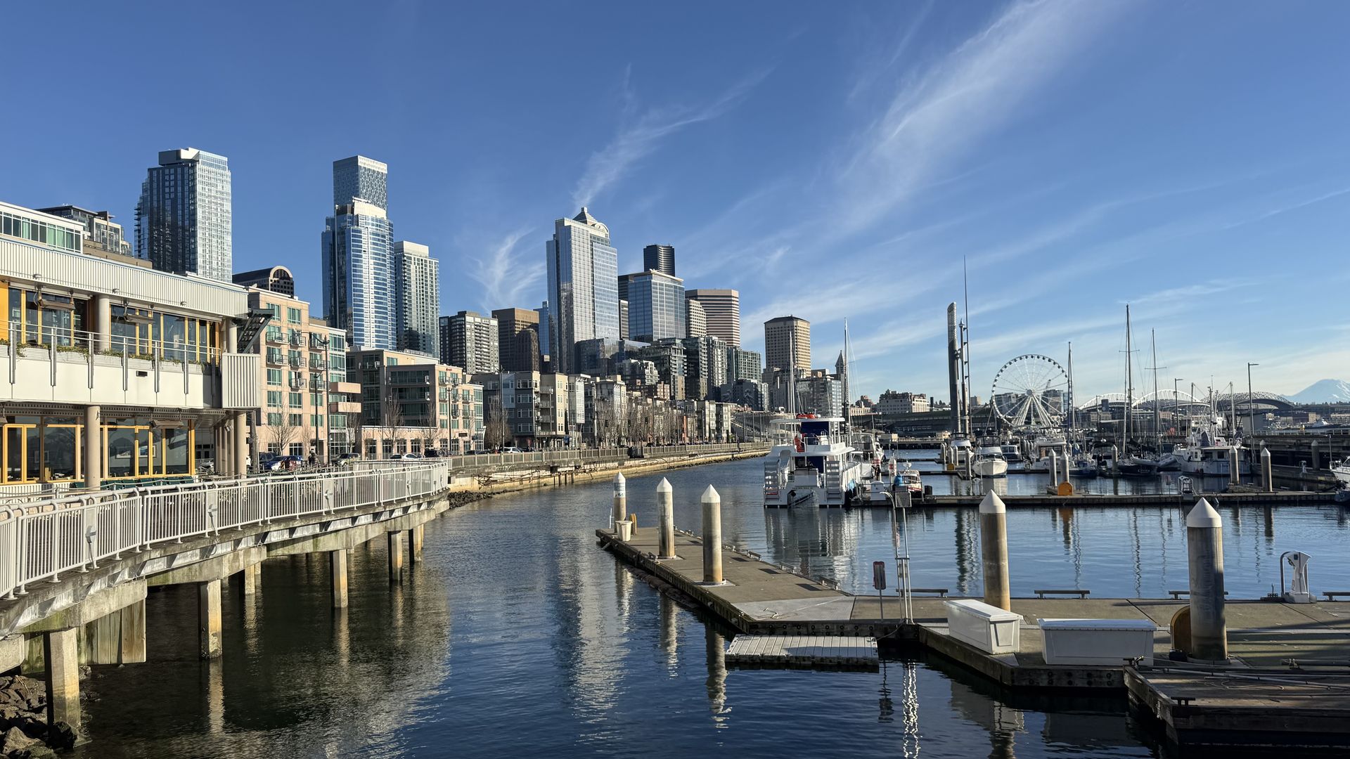 Seattle's waterfront taken on a clear, blue, sunny day in January. 