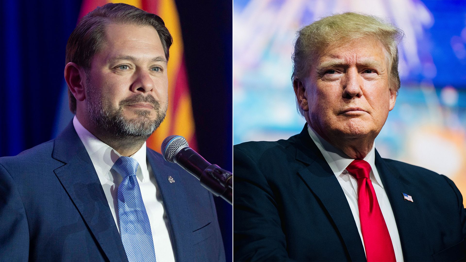 Side by side photos of Ruben Gallego and Donald Trump.