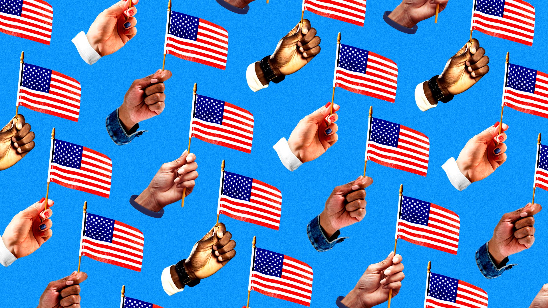 Illustration of a pattern of different hands all holding small U.S. flags