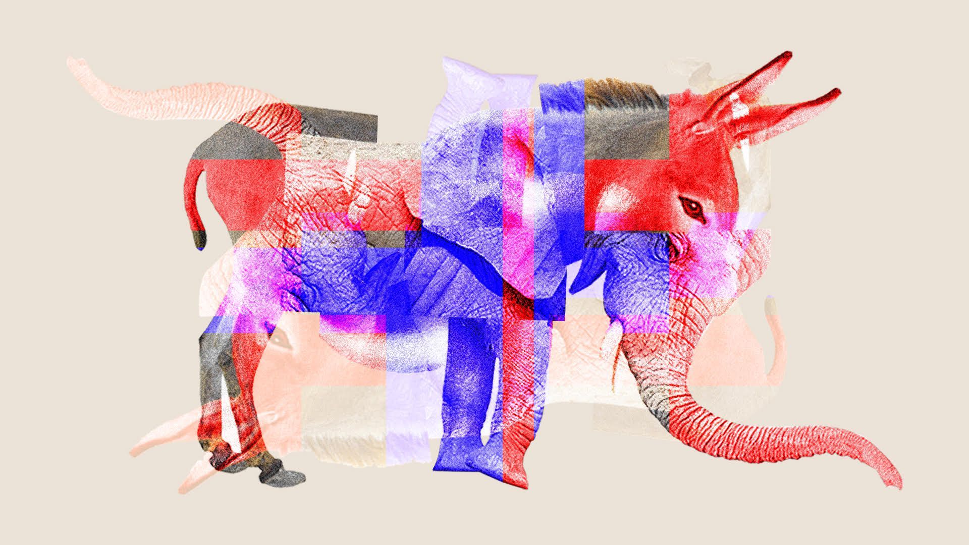 illustration of a morphed politicla elephant and donkey
