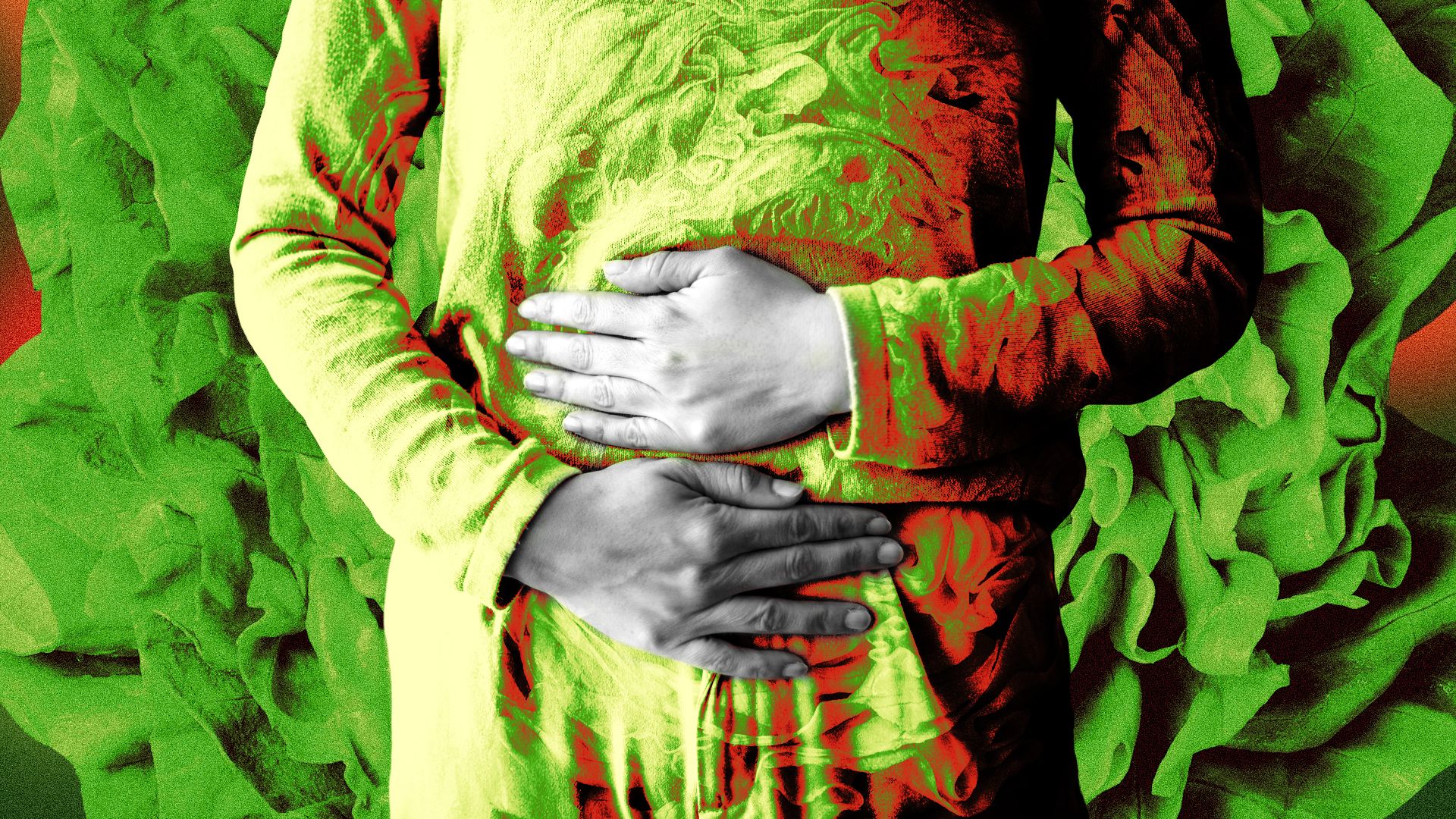 Illustration of a cross section of a head of lettuce overlayed over a person holding their stomach