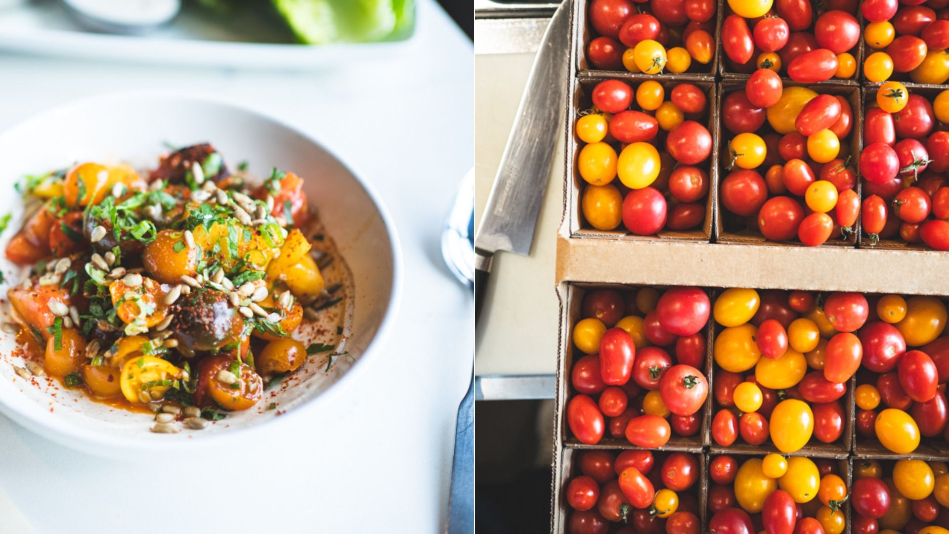 Left side shows a bowl of colorful cherry tomato salad with herbs and seeds; right side shows boxes filled with red and yellow cherry tomatoes, plus a knife on a cutting board.
