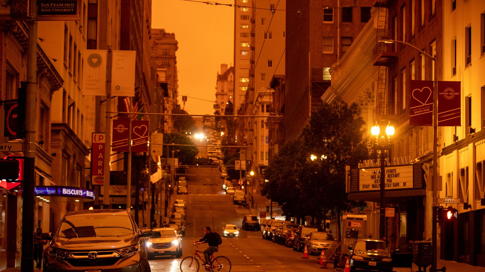The red-orange hue was caused by the convergence of fog and wildfire smoke from the 2020 August Complex Fires.