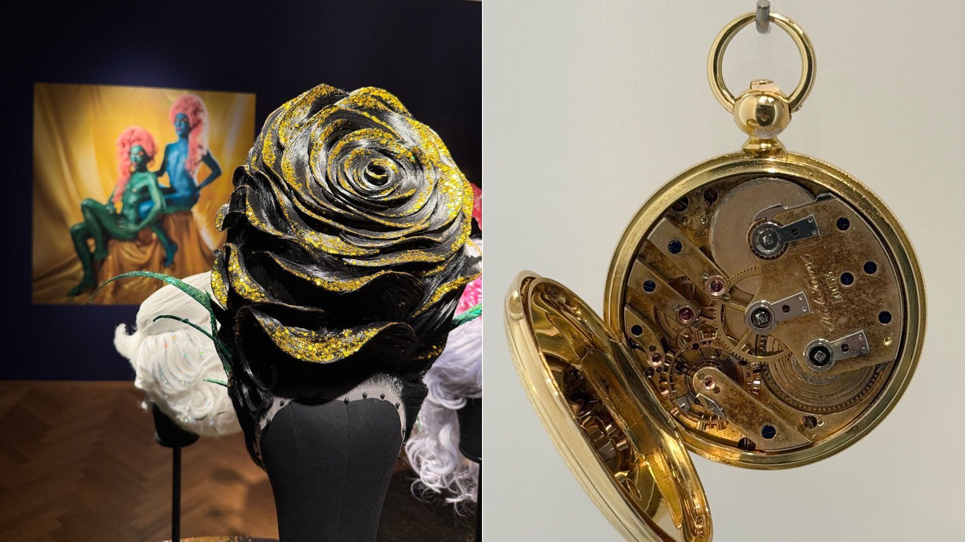 Left: black wig shaped like a rose with gold glitter, displayed on a black stand in front of another wig and a colorful photo of two green-skinned figures with pink hair. Right: inside of a gold pocket watch showing intricate gears and mechanisms.