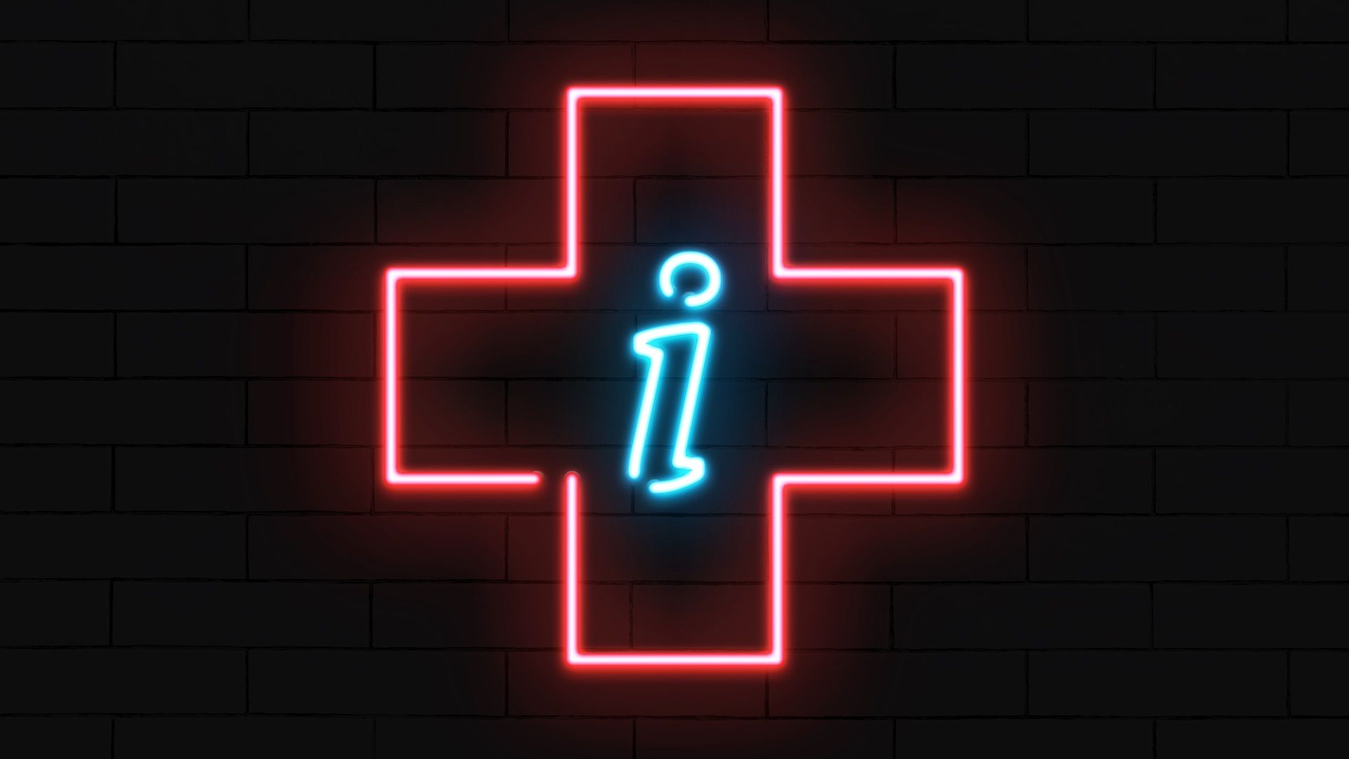 Illustration of a neon sign in the shape of a health plus with an information "i" in the center. 