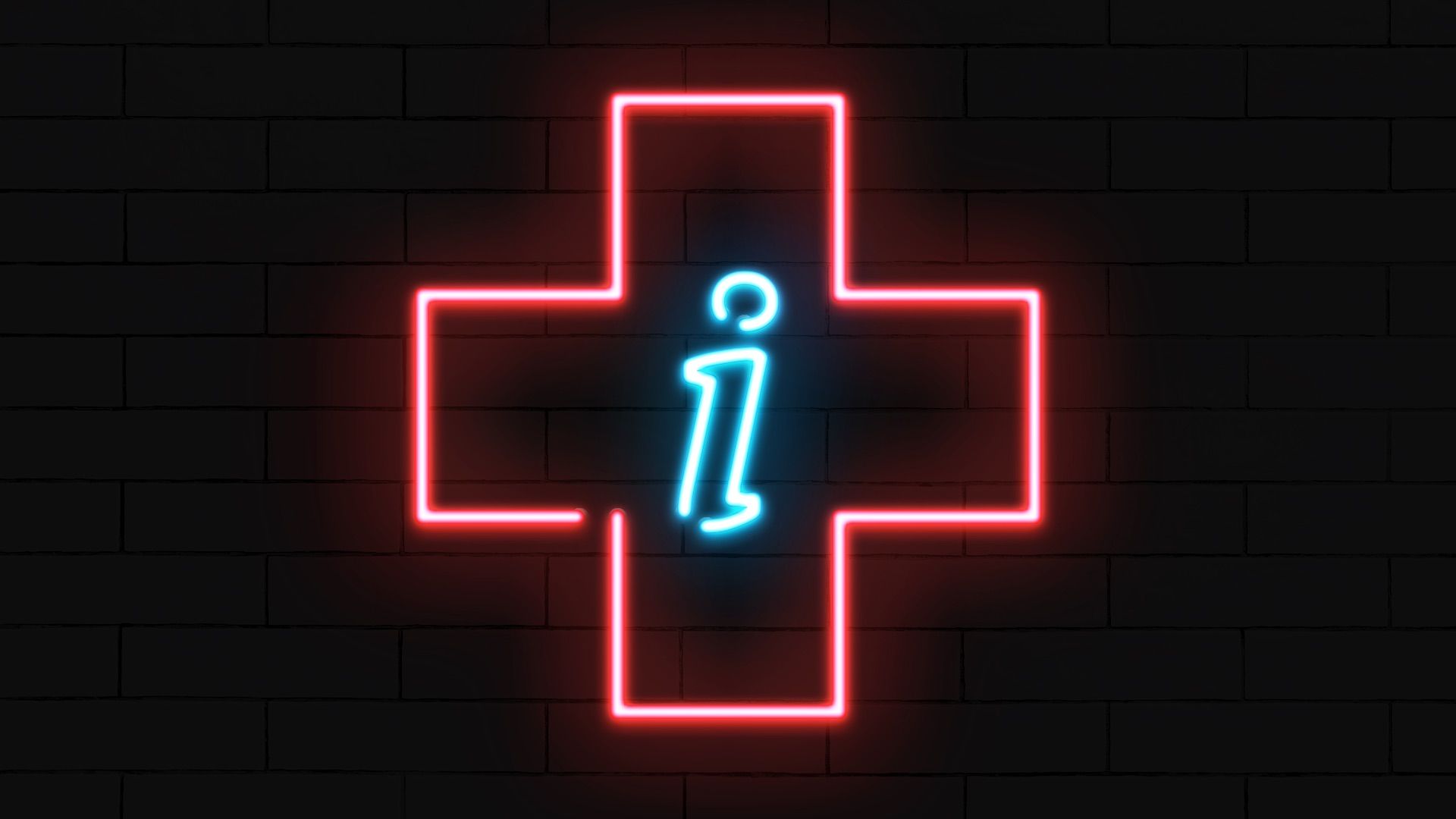 Illustration of a neon sign in the shape of a health plus with an information "i" in the center.