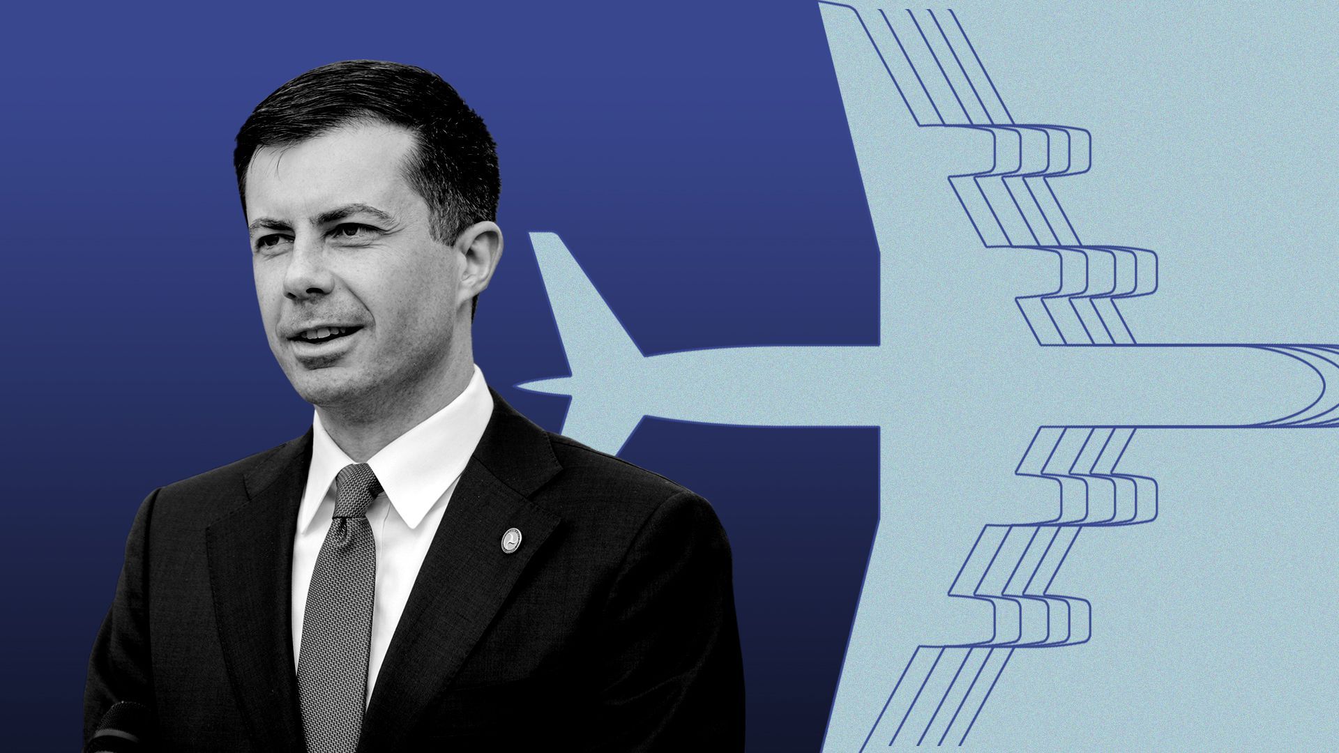 Photo illustration of Pete Buttigieg and a graphic of airplanes