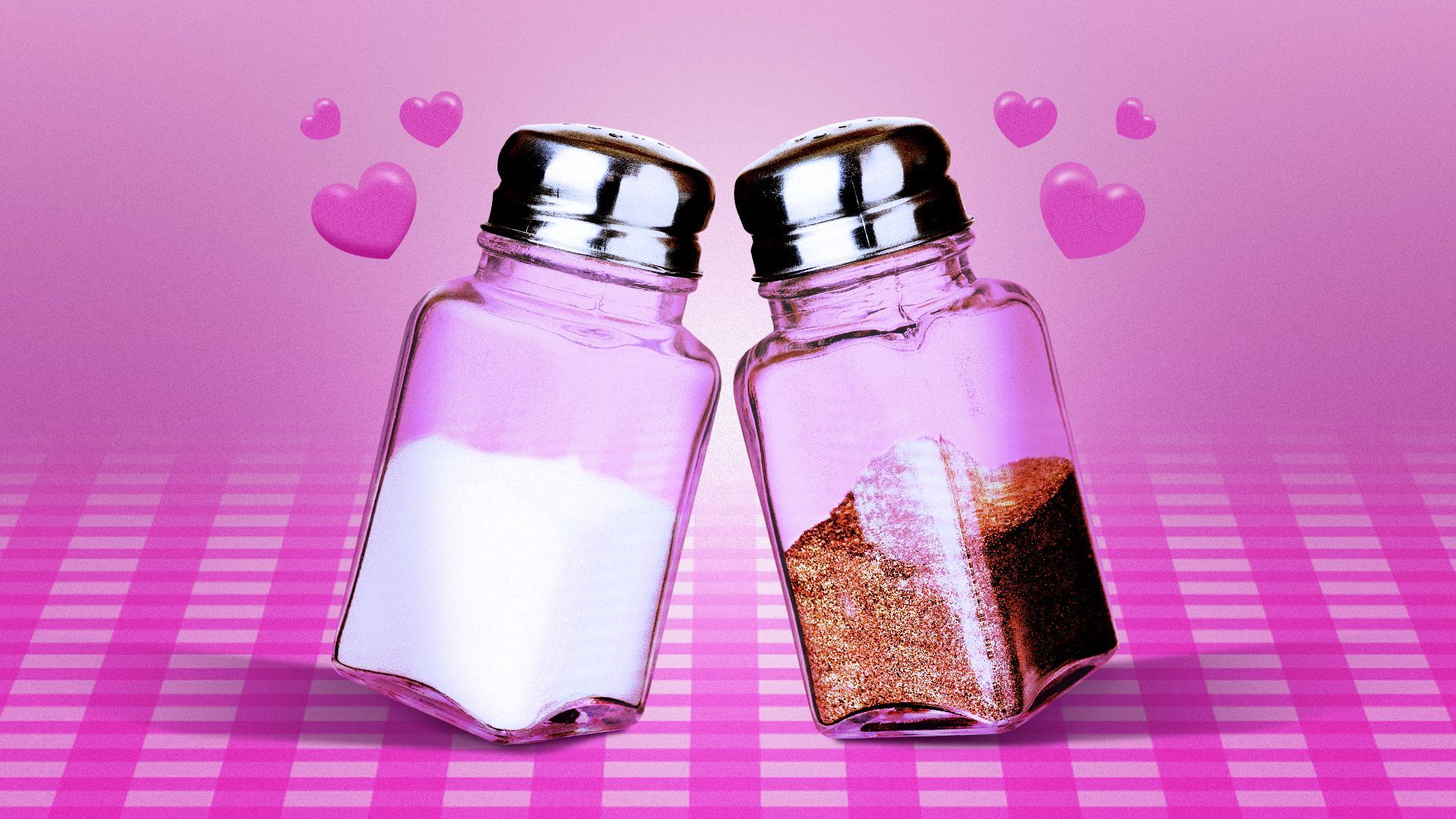 Illustration of a salt and pepper shaker leaning in towards one another on a table with hearts surrounding them