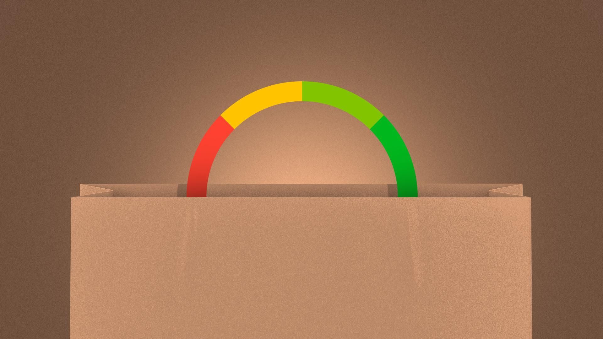 Illustration of a shopping bad with a credit score meter as the handle.