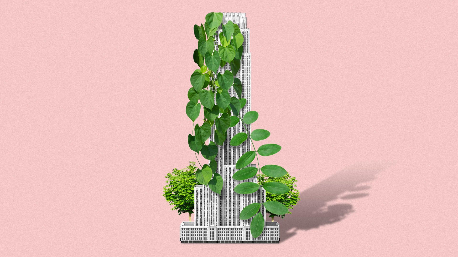Illustration of skyscraper covered with plants
