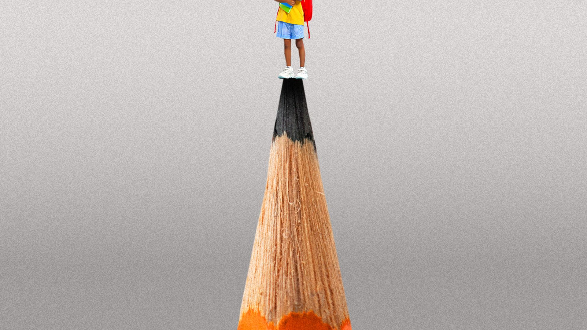 Illustration of a child wearing a backpack standing on the point of a giant pencil