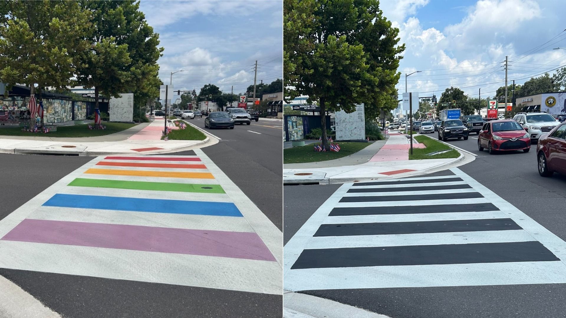 Two side-by-side street crosswalks: one painted with rainbow colors, the other with black and white stripes, with cars and trees visible in the background.