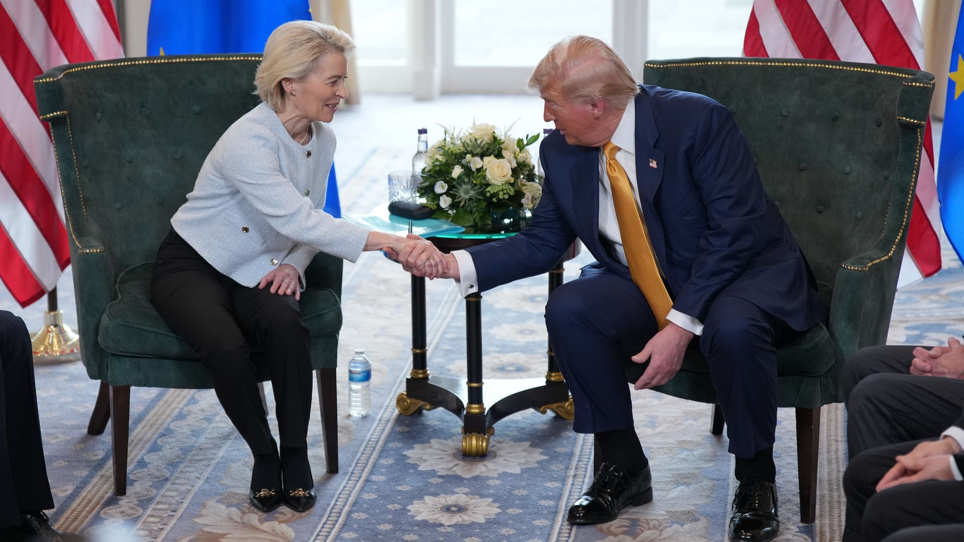 President of the European Commission Ursula von der Leyen shakes hands with U.S. President Donald Trump during a meeting at Trump Turnberry golf club on July 27, 2025 in Turnberry, Scotland. 