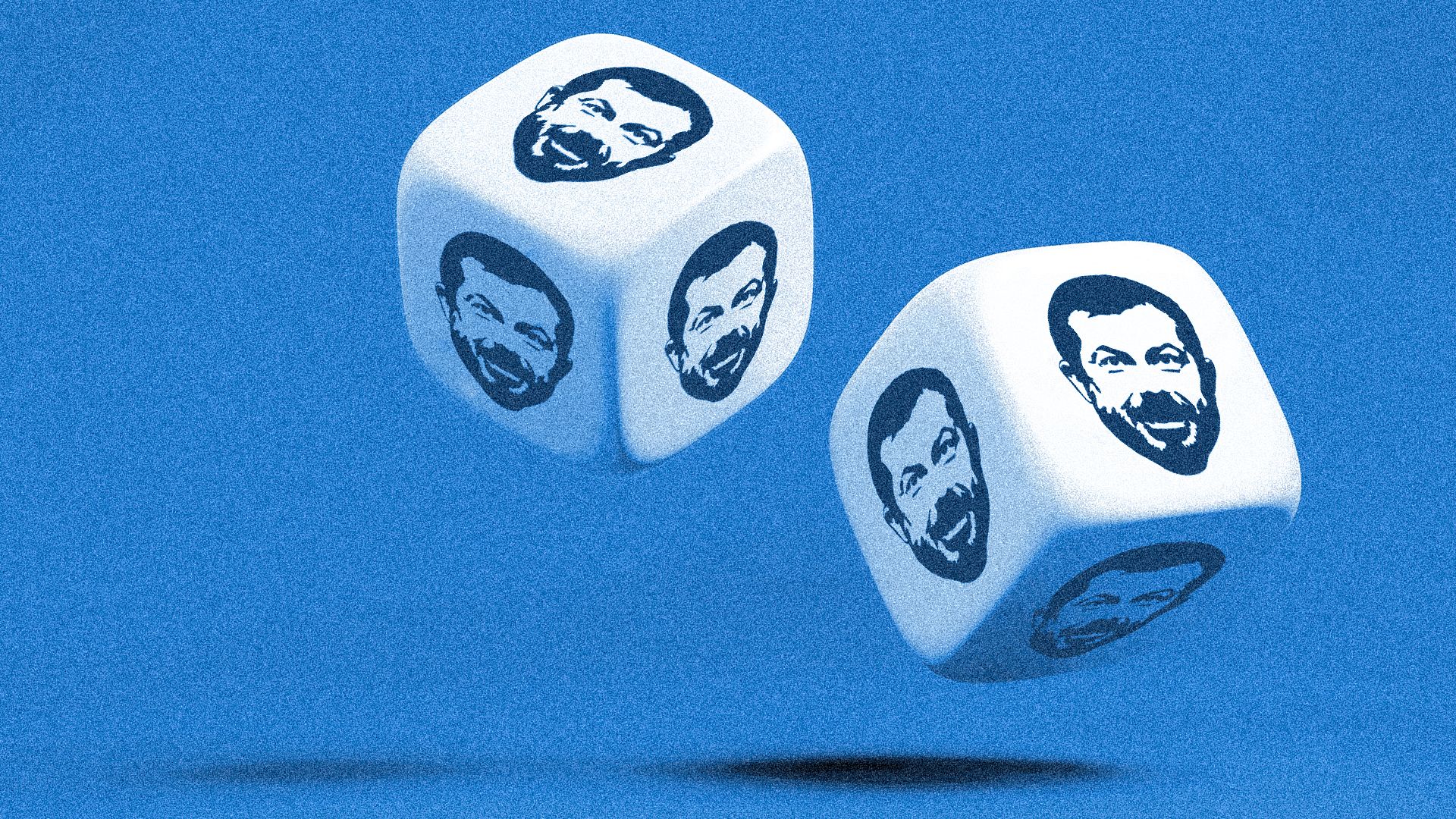 Photo illustration of a pair of dice, with Pete Buttigieg's face on every side, rolling.