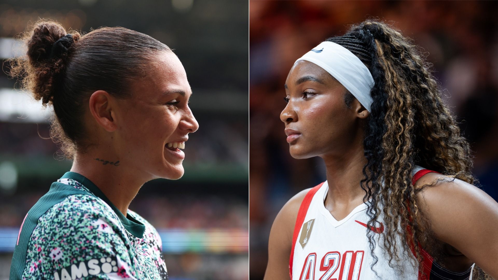 A profile photo of Trinity Rodman, facing a profile photo of Kiki Iriafen