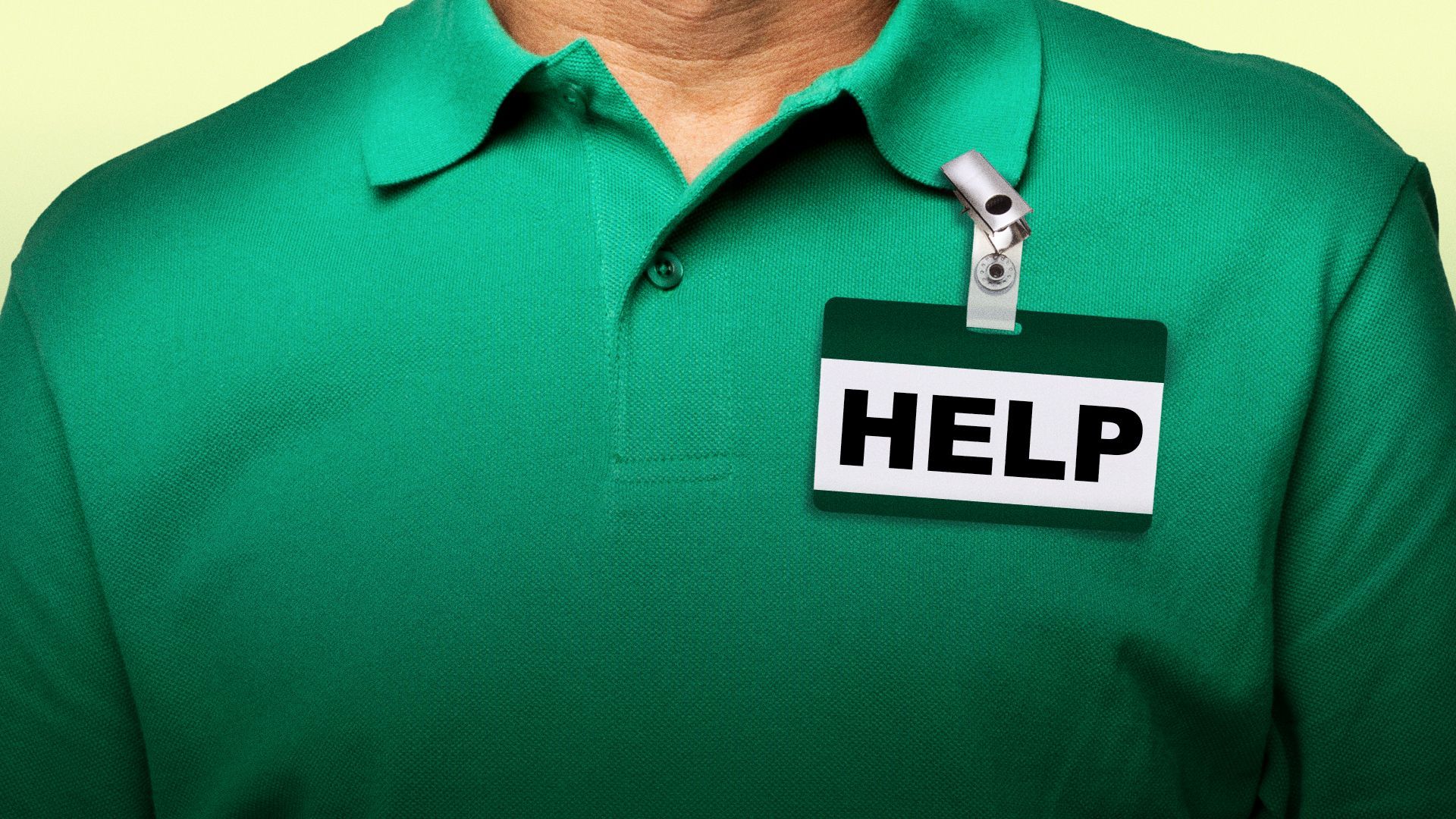 Illustration of an employee wearing a name tag that says "HELP".