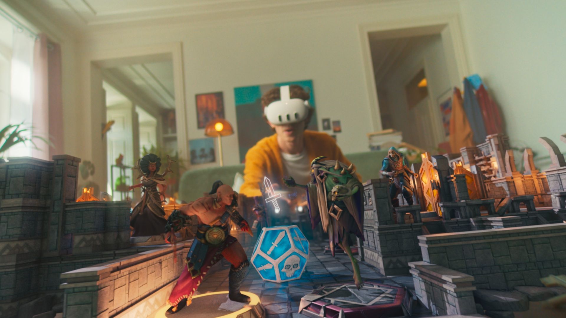 Photo of a man sitting on a couch, wearing a VR headset, while virtual people stand on his coffee table