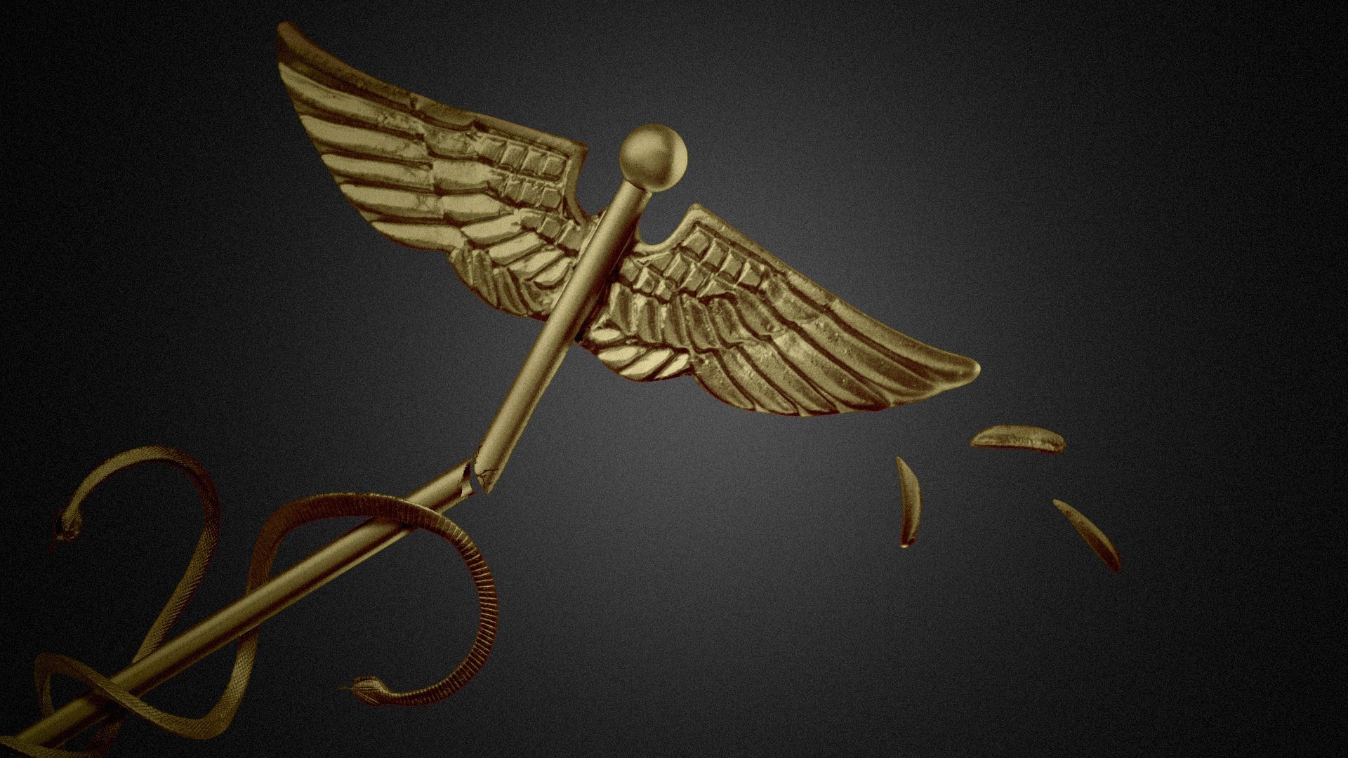 Illustration of a broken caduceus.  
