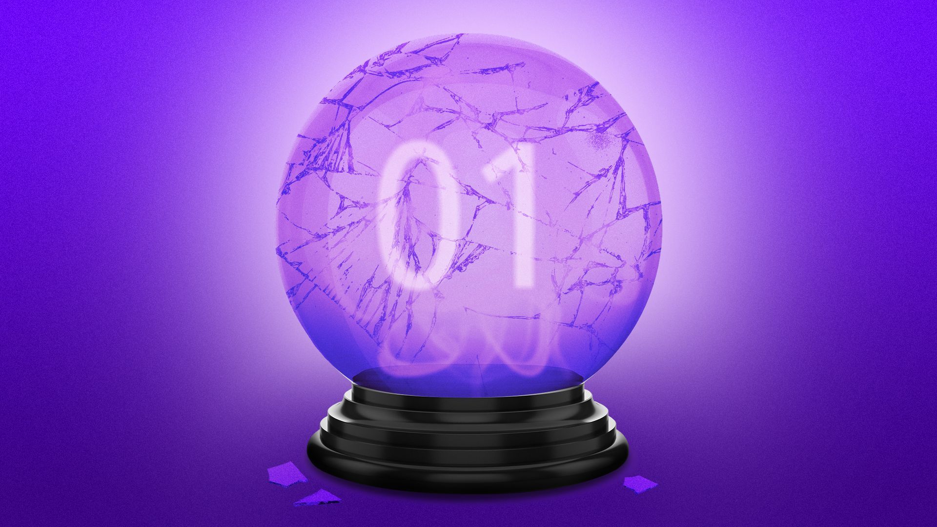 Illustration of a cracked crystal ball with binary code inside